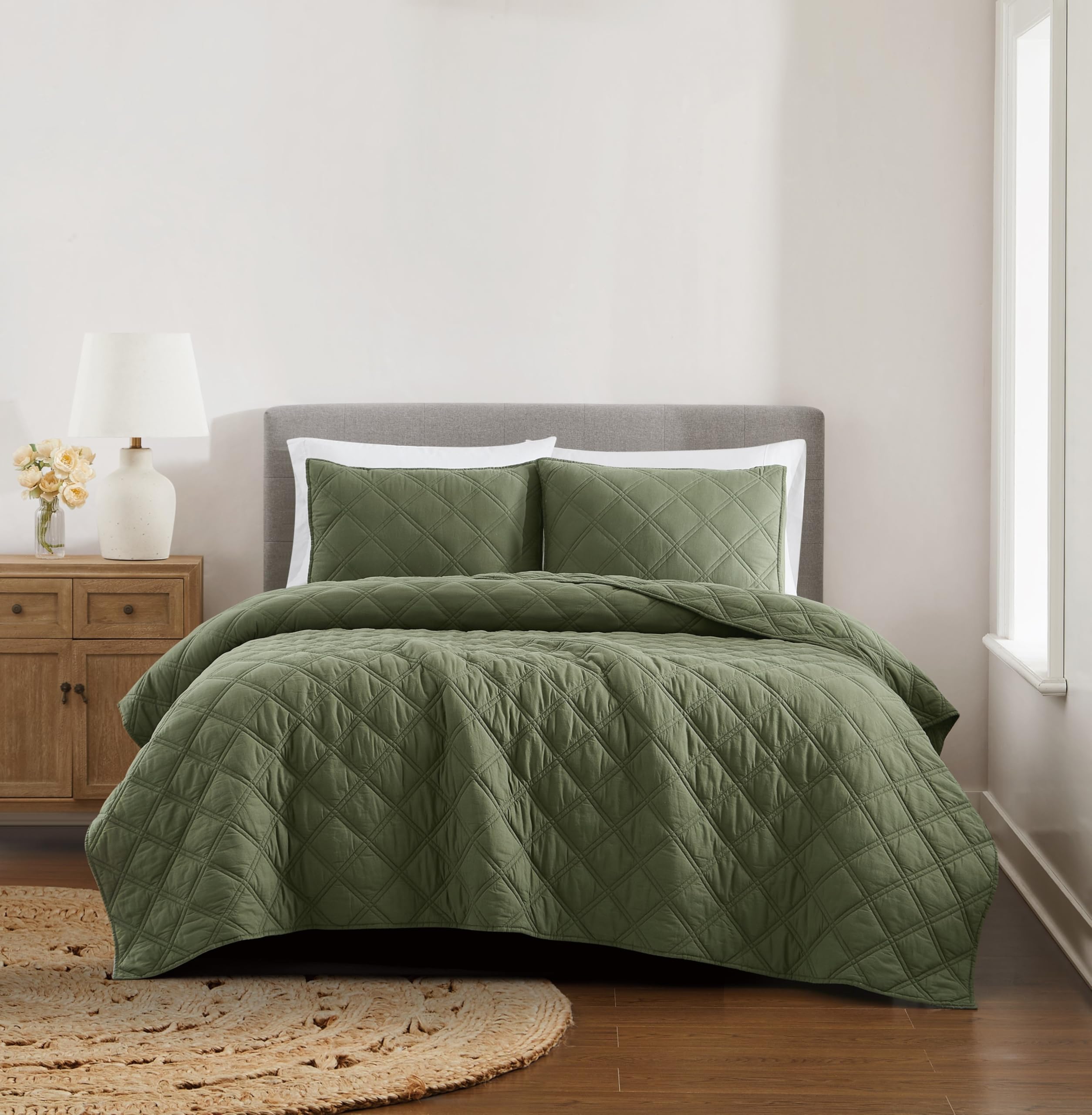 Brooklyn Loom Diamond Washed Cotton Green Full/Queen 3 Piece Quilt Set