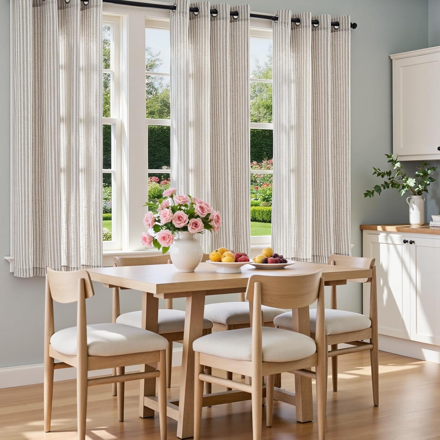 Vangao Linen Striped Curtains for Living Room Bedroom Farmhouse Tickingstripe Light Filtering Window Curtains Printed Drapes Grommet Top 2 Panels Grey W50 x L63 Inch