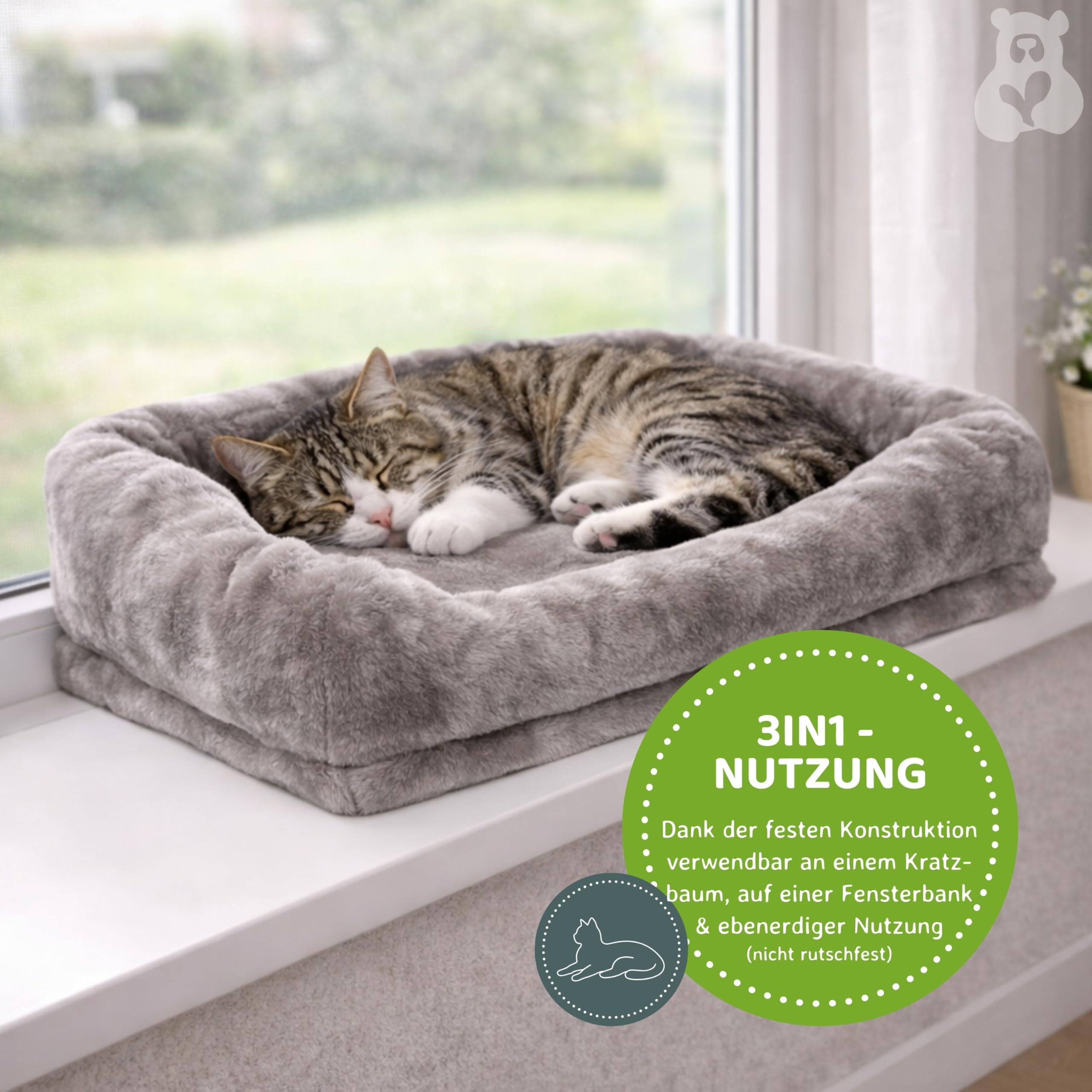 nanook Kratzbaum Liegeplatz Top für Katzen - Fensterbank Liege - Abnehmbarer Bezug - Plüschrand - XXL 53 x 40 cm - grau