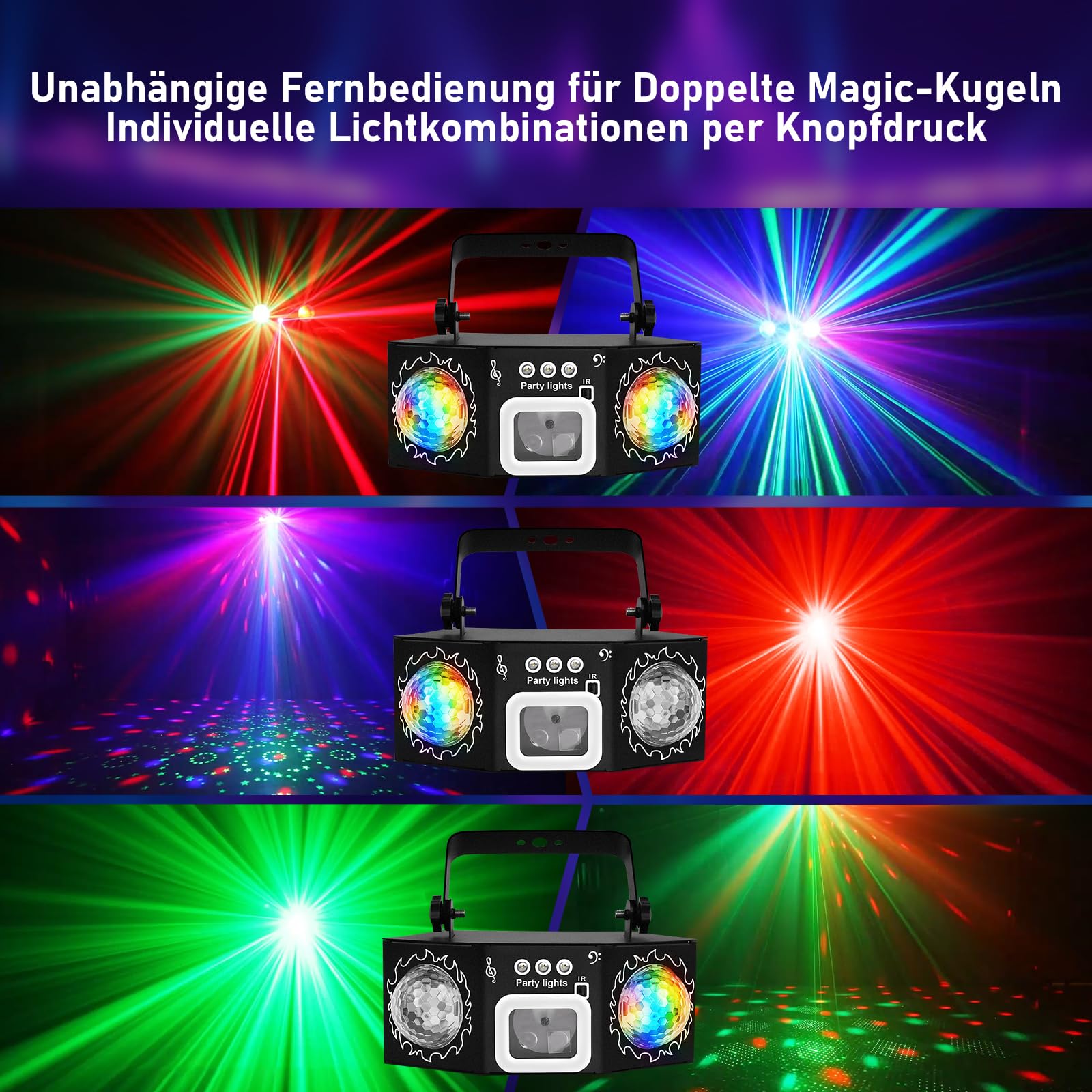 Discolicht Partylicht mit Dual Disco Bällen – RGB Sound-aktivierte Partylichter, Effekt Licht für DJ, KTV, Club, Weihnachtsfeier