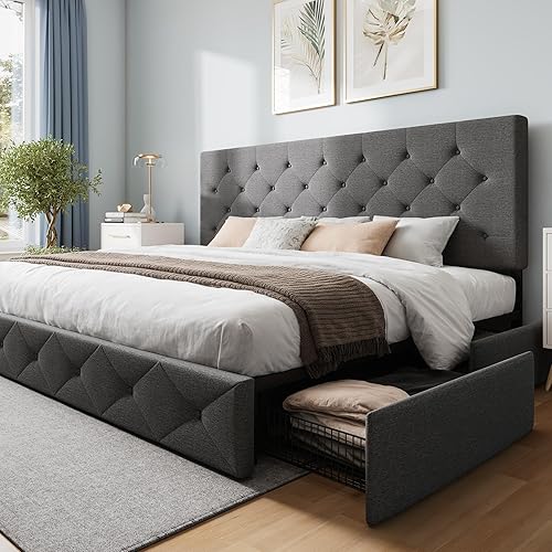 Miniatura 69 de WEEWAY Base de cama de plataforma tamaño Queen con 4 cajones de almacenamiento, cabecera capitonada con botones de costura de diamante, base de