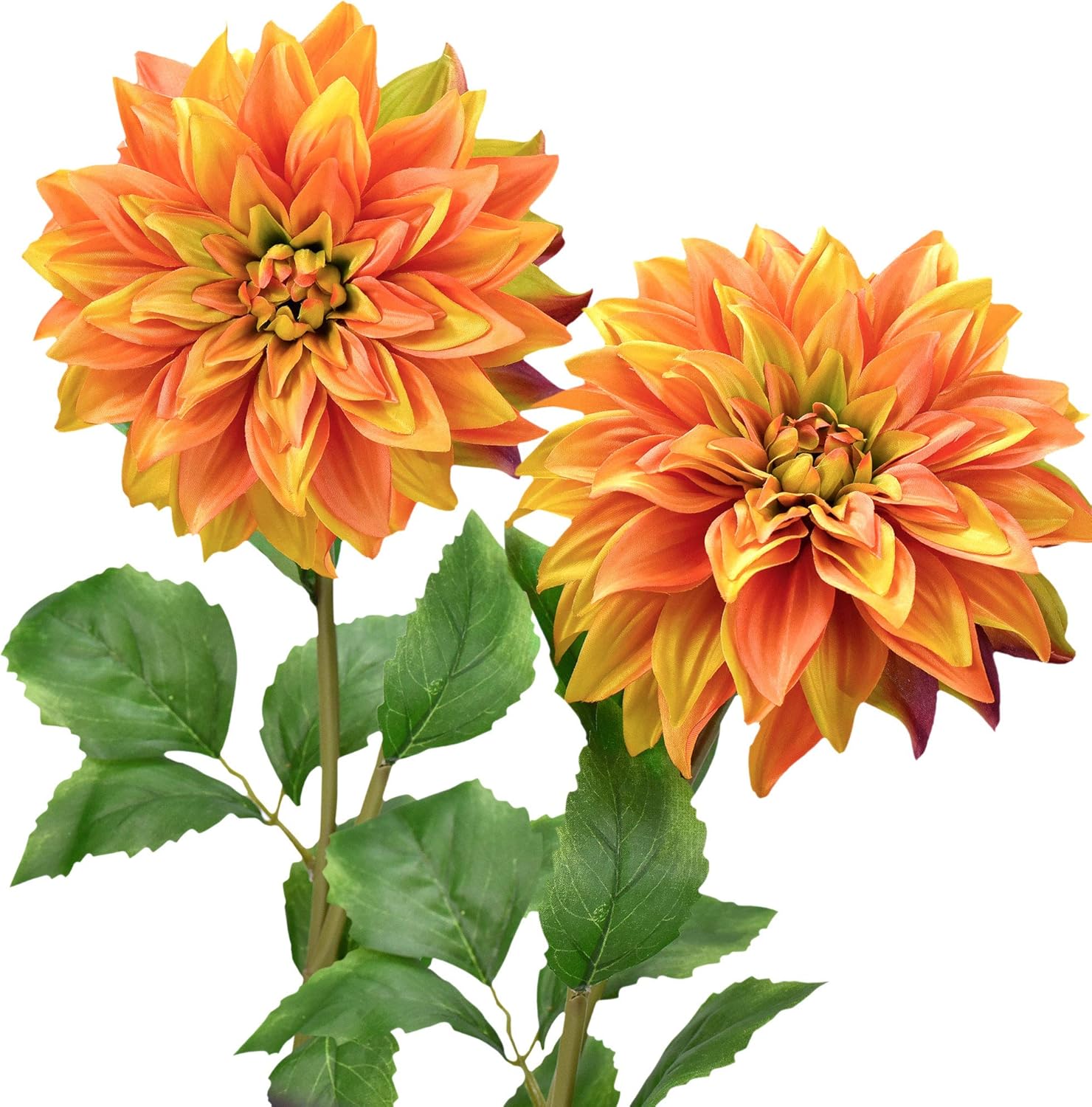 FiveSeasonStuff Artificial Flowers Dahlia Silk Flowers for Outdoors Indoors and Tall Vases 2 Stems (Amber Yellow Autumn Orange)