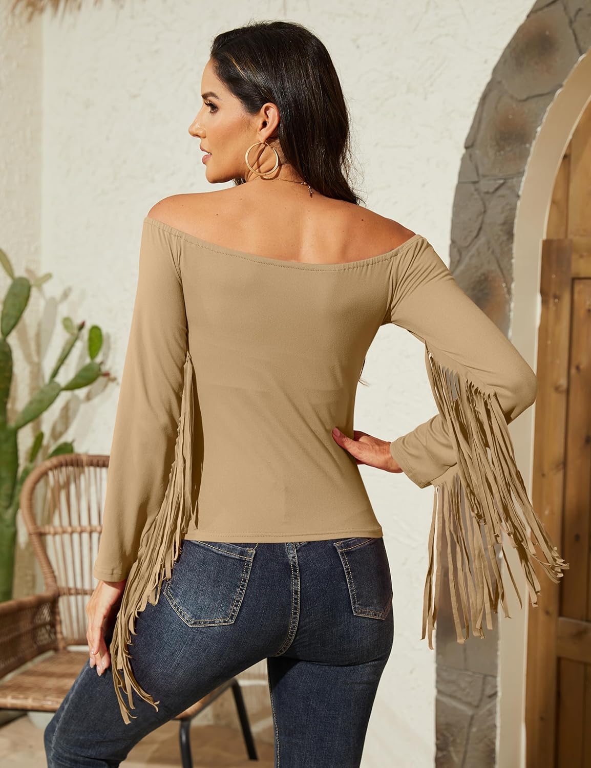 Fringe Tops for Women Western Cowgirl Off The Shoulder Fall Long Sleeve with Tassels Stretchy Crop Shirts Blouses - Image 5