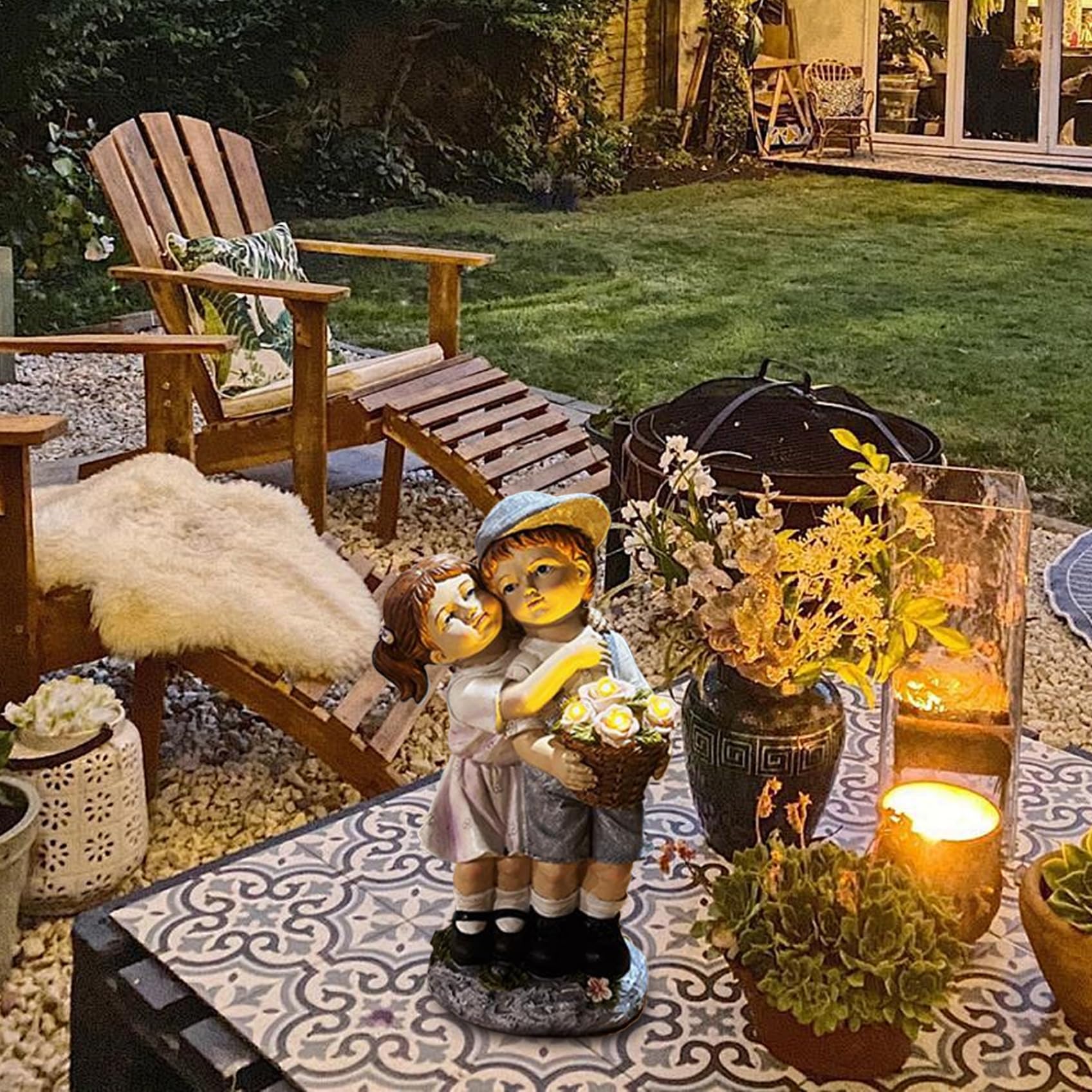 Figuritas Adornos solares de jardín para niños y niñas, estatuas de jardín de Resina Resistentes a la Intemperie, estatuas solares para Exteriores, Patio, balcón