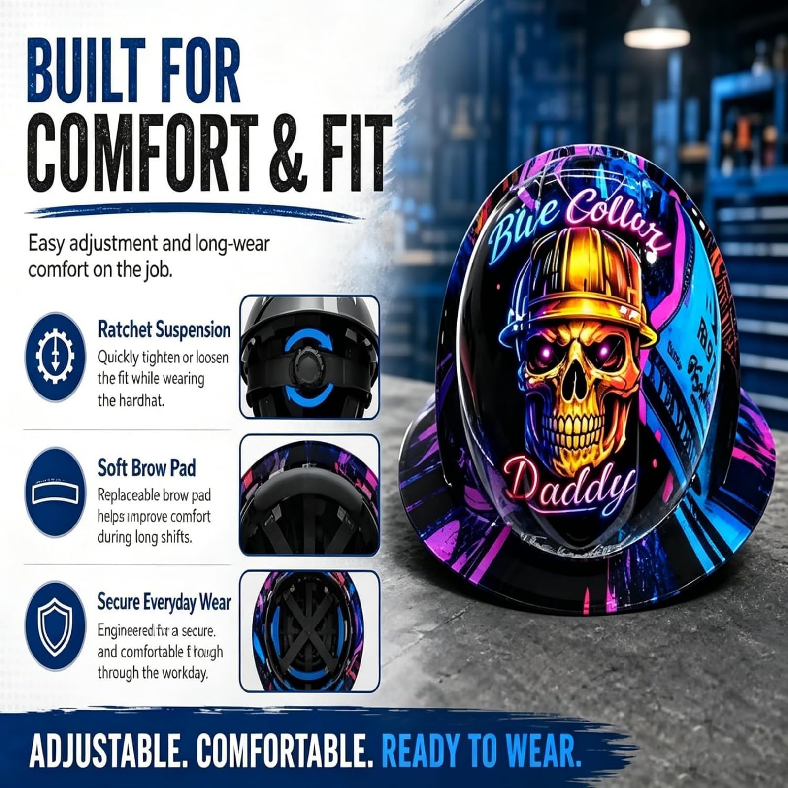 Casco da cantiere "Blue Collar Daddy" con stampa idrografica, casco da cantiere divertente, casco di sicurezza rigido con grafica a teschio, equipaggiamento da lavoro resistente agli urti