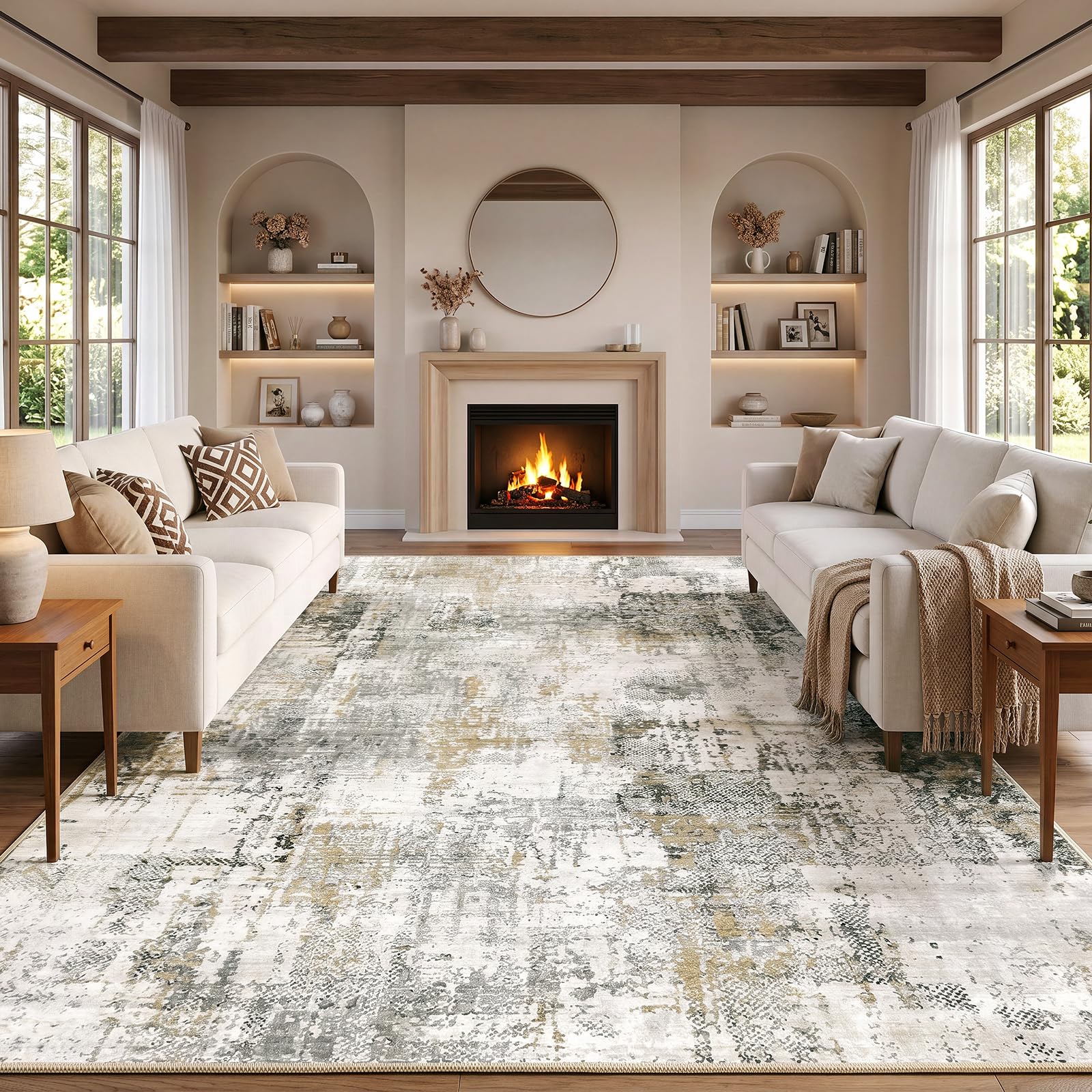 Autsel Living Room Rugs 200x300cm, Extra Large Washable Rug, Non Slip Low Pile Area Rugs, Abstract Rug, Multi-use Durable Floor Carpet for Bedroom, Kitchen, Runner Rugs for Hallway, Grey/Beige