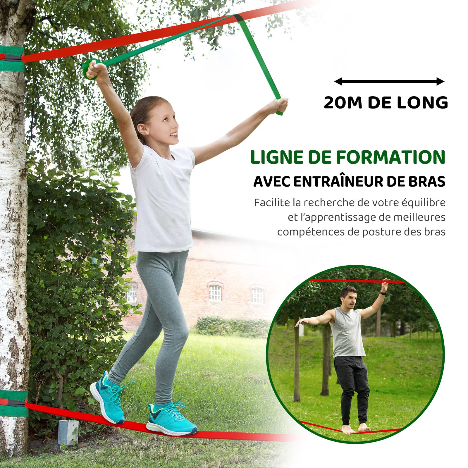 Dripex Slackline Enfant, Slackline 2×20m et Parcours Ninja Enfant Exterieur, Tyrolienne et Parcours Exterieur avec balançoire, échelle d’Escalade, Filet d’Escalade, Adapté aux débutants
