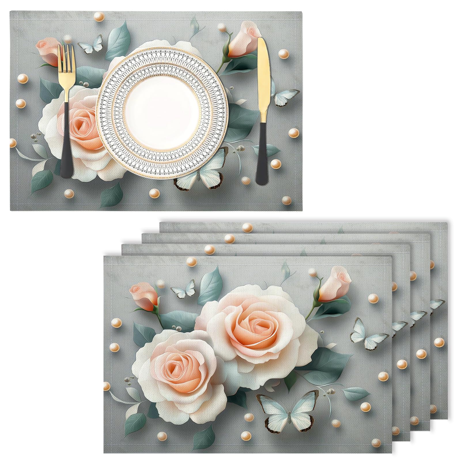 Placemats Washable Set of 8-30 x 45 cm Rose Placemats, grey Cotton Linen Hemstitch Place Mats for Table, Kitchen, Dining