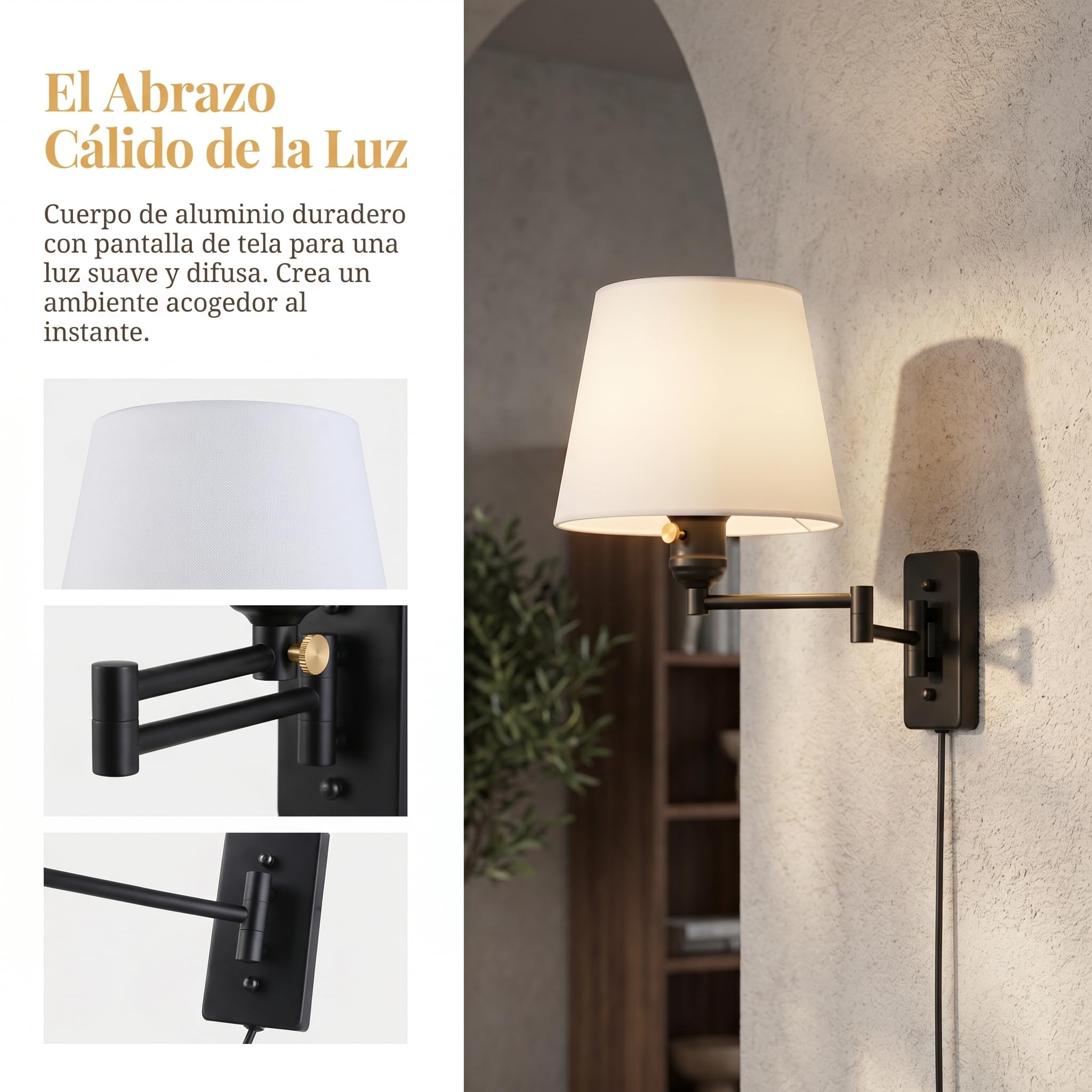 B·LED BARCELONA LED BarcelonaLED Wandleuchte mit Gelenkarm, nordisches Schwarz, modern, mit Steckerkabel und Schalter, Stoffschirm, weiß, E27-Fassung für Lesen Schlafzimmer Nachttisch Hotel