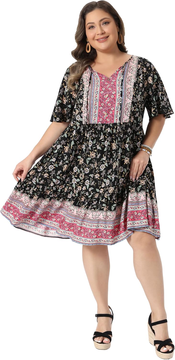 Agnes Orinda Plus Size Summer Boho Floral Dresses for Women Tie Crew Neck Short Sleeve Midi Sun Dress Beach Flowy - Image 3