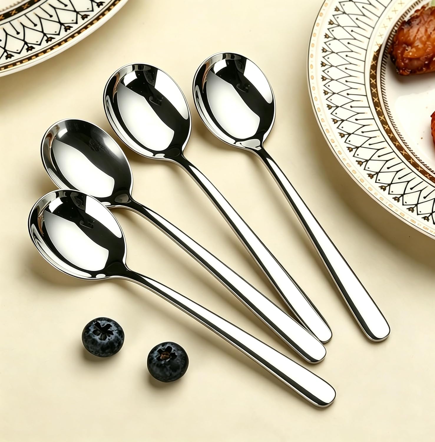 Stainless Steel Soup Spoons, 4pc Round Soup Spoons Set, 7.08 Inch Deep Soup Spoons for Kitchen, Soup eating, Daily Dining, Ice Cream, Dishwasher Safe, Perfect Weight (Medium)