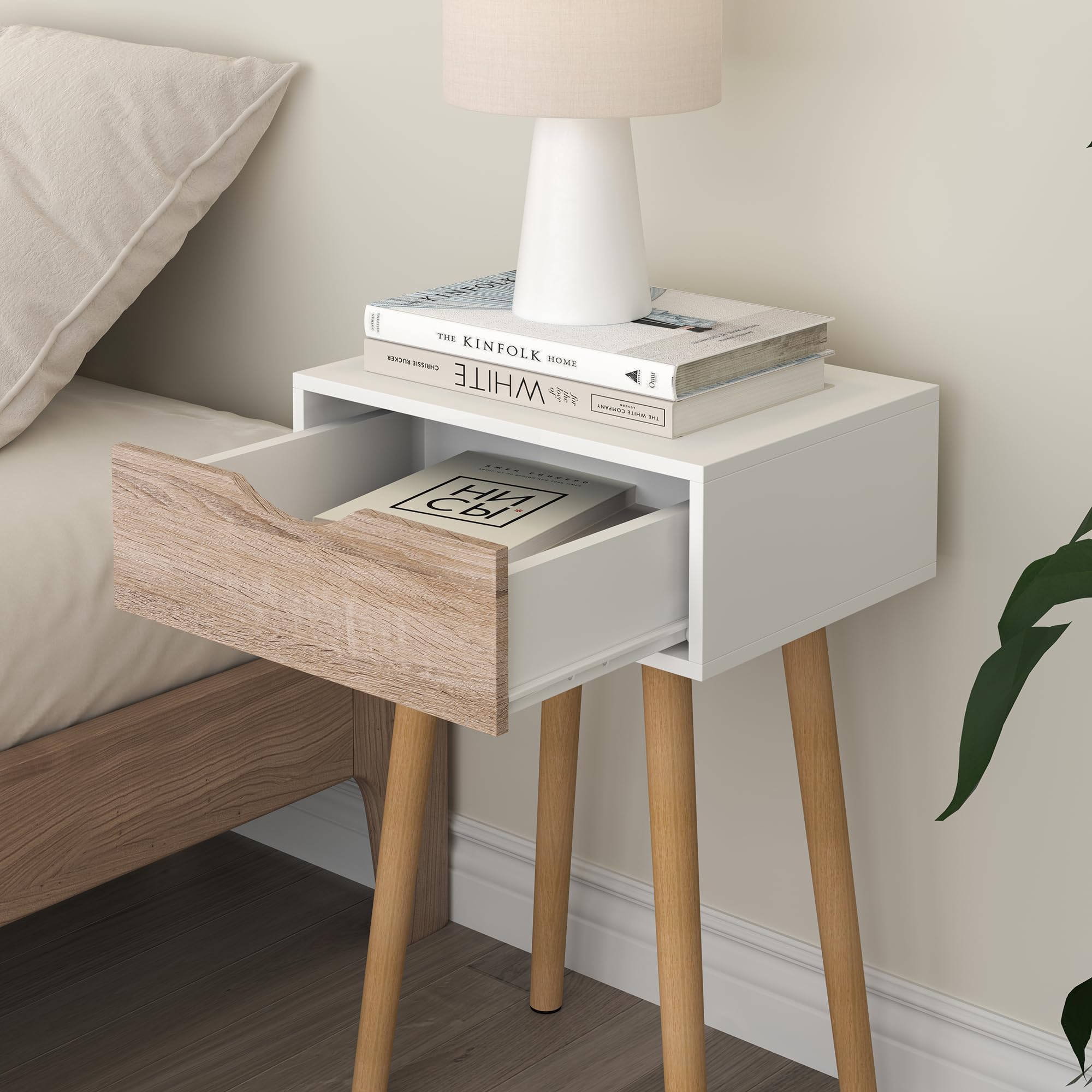 [en.casa] Set di 2 Comodini con Cassetto Tavolini Laterali per Divano Mobiletto da Notte 60 x 40 x 29,5 cm per Camera da Letto Soggiorno Corridoio Ingresso - Bianco/Effetto Rovere