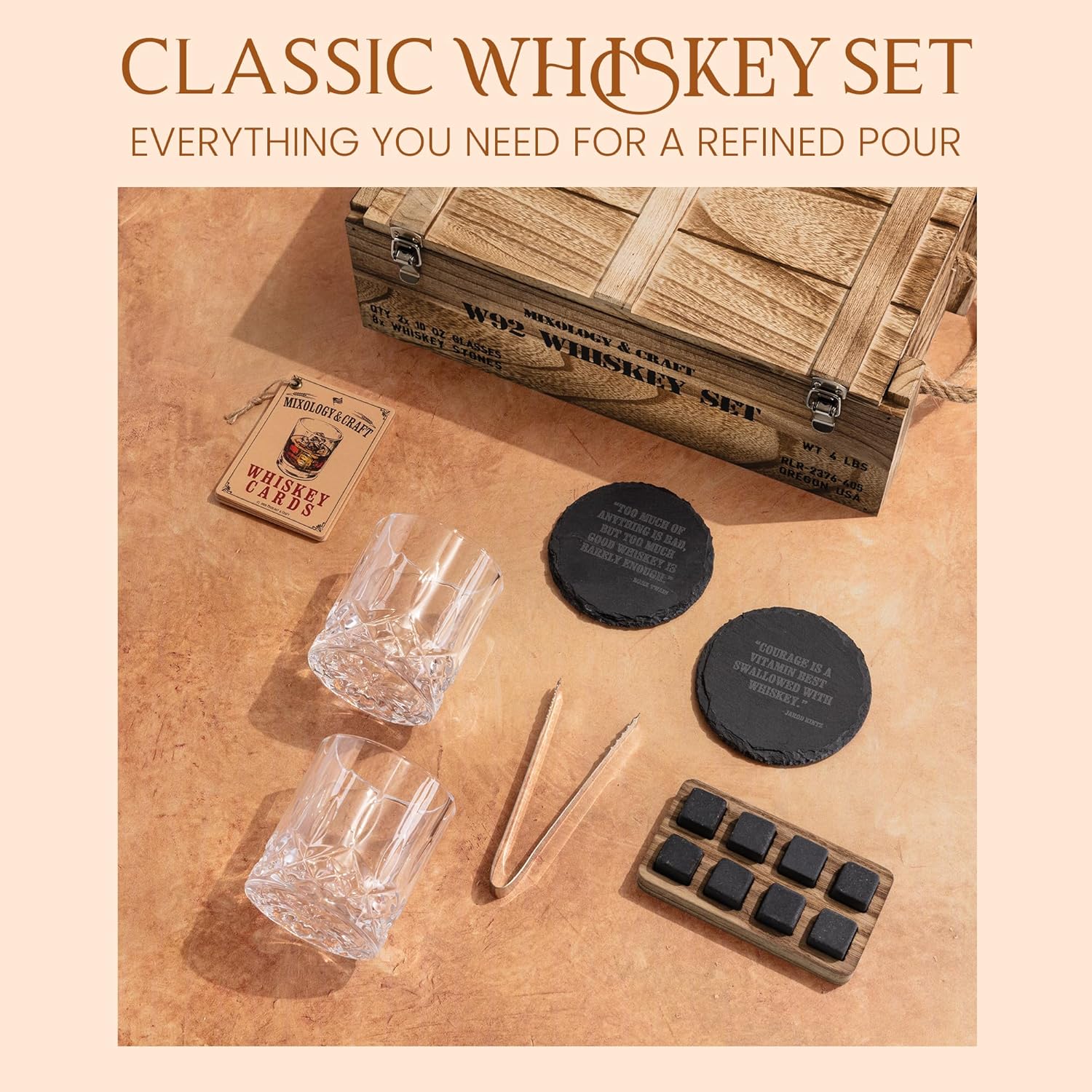 Mixology & Craft Whiskey Gift Set - Includes 2 Lead-Free Crystal Glasses, 8 Granite Chilling Stones, 2 Slate Coasters, Metal Tongs & Recipe Cards with a Wooden Army Crate Box