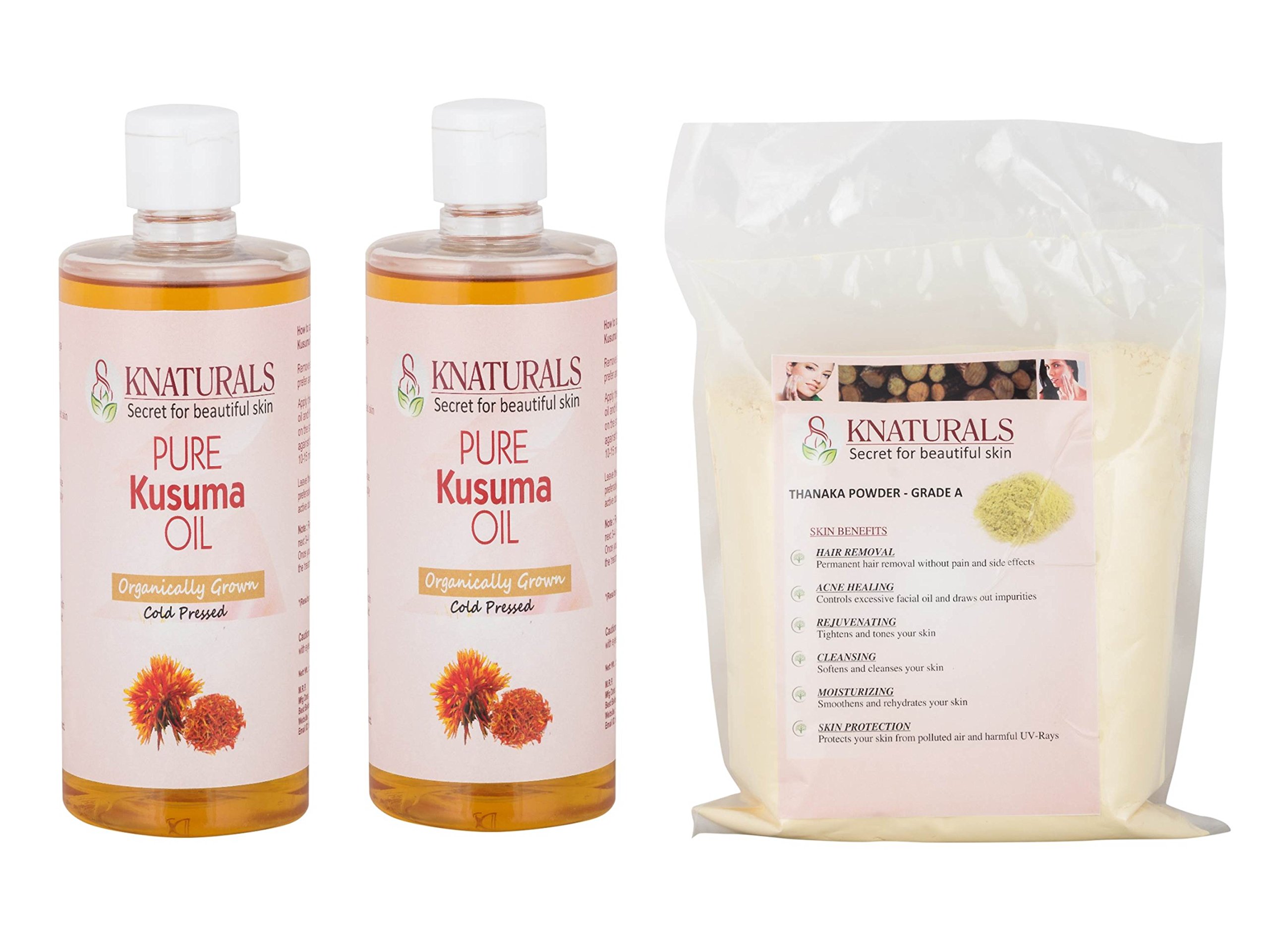 KNATURALS Grade A 2 Packs of Thanaka Powder (1000gms)& 1 Bottle of Kusuma Oil (1000ml) for hair removal (Pack Of 3)