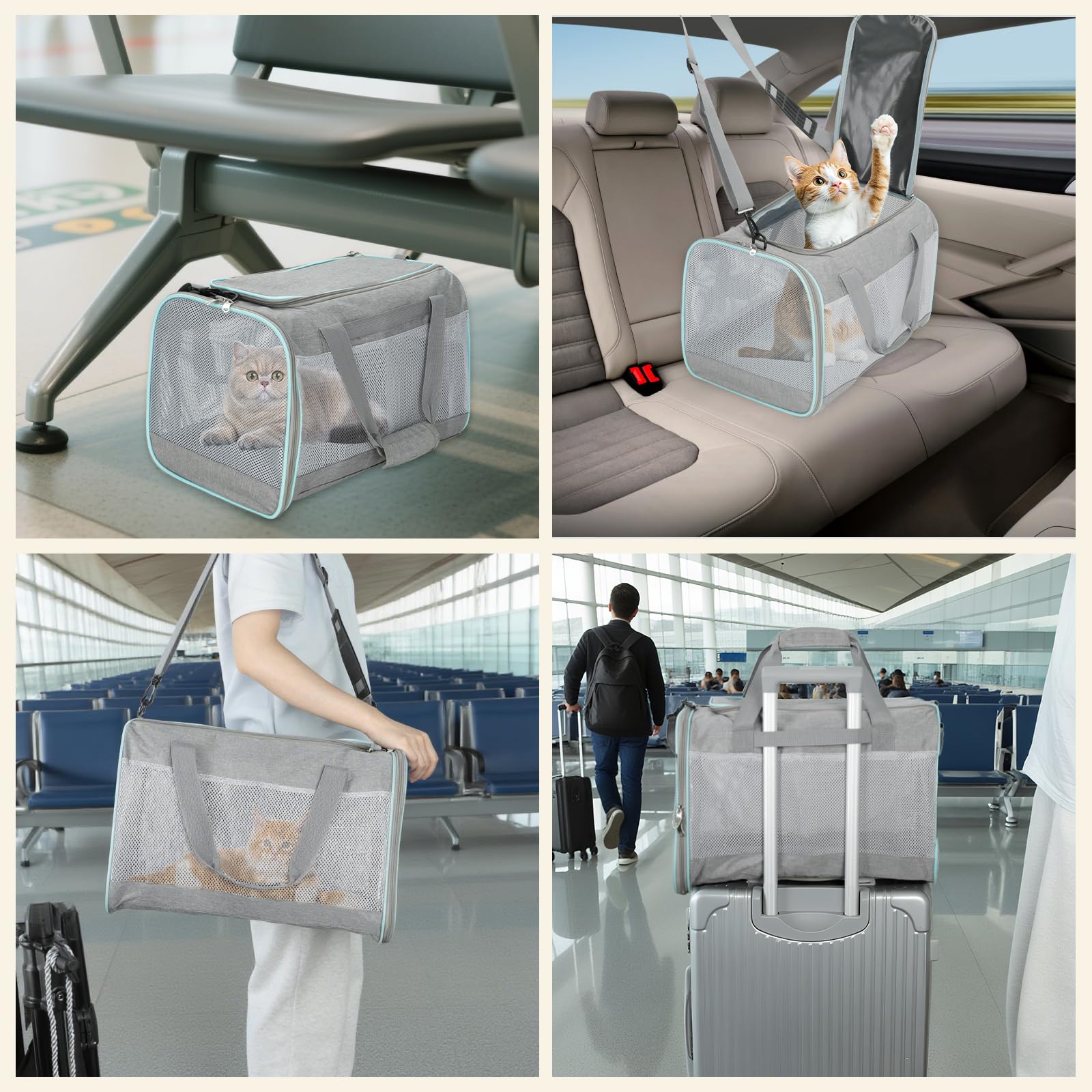 Cozary Trasportino Portatile per Gatto Cani Piccoli Pieghevole Leggero con Cuscino Tracolla Regolabile e Borsa Laterale Trasportino Rigido per Auto (45x30x30cm, Grigio)