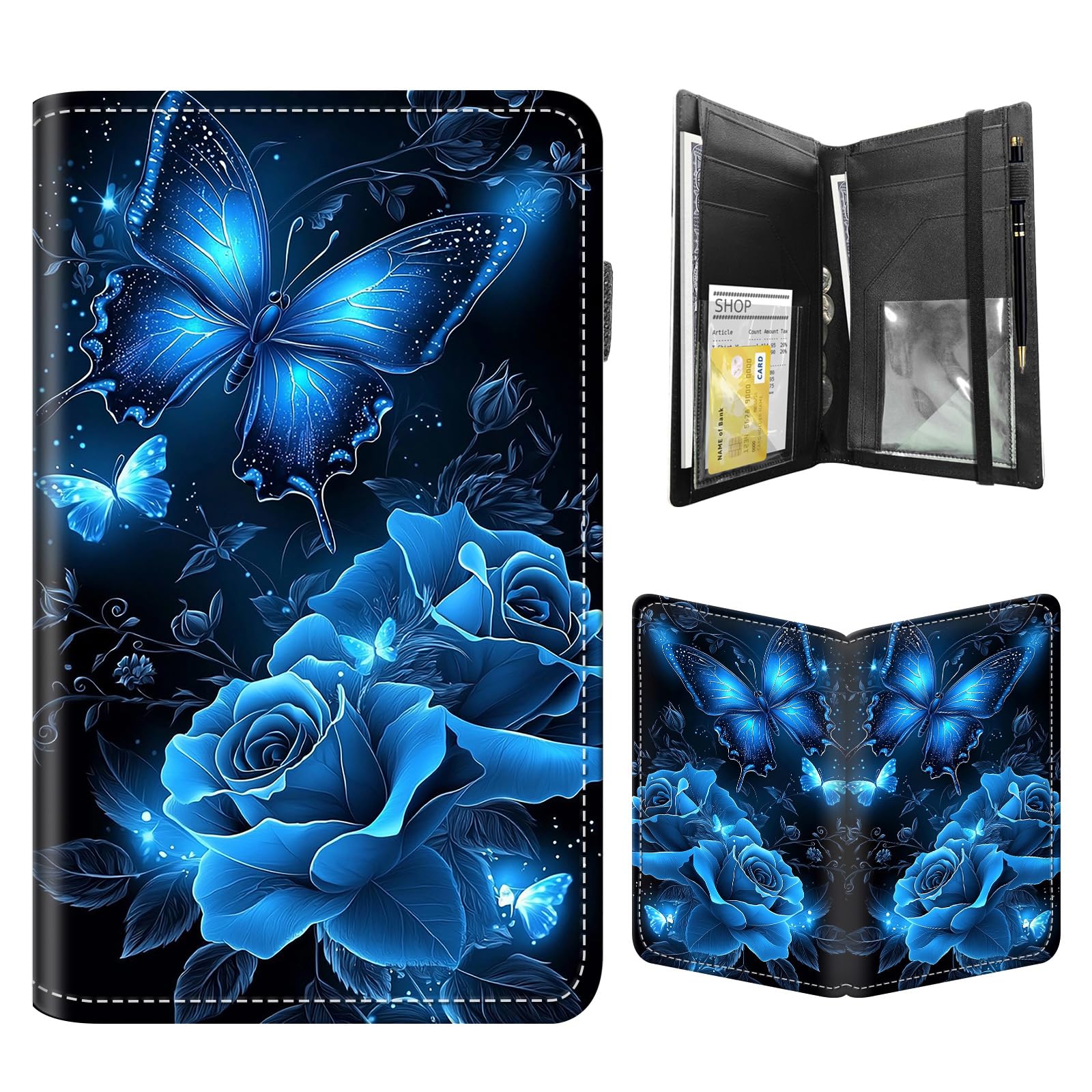 FQSXFIFN Leather Server Book for Waitress, Cute Server Book with Zipper Money Pocket,Check Presenters Waitstaff Organizer Fit Server Apron, Blue Roses Serving Books, Black Waiter Books for Servers