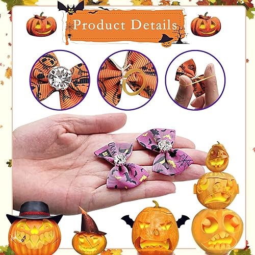 Miniatura 3 de JpGdn 30 piezas15 pares de lazos para el pelo de perro de Halloween con banda de goma de diamantes de imitación para perrito, gato, conejo, pequeño,