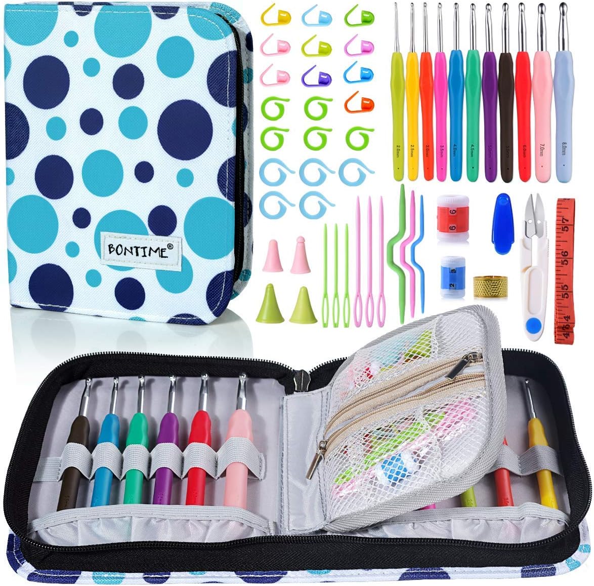 BONTIME Crochet Hooks Set - 11 Pieces Ergonomic Crochet Hooks with Portable Case, Contains All The Crochet Accessories Fit Any Projects, Ideal for Crocheters with Arthritic, Colorful Dots