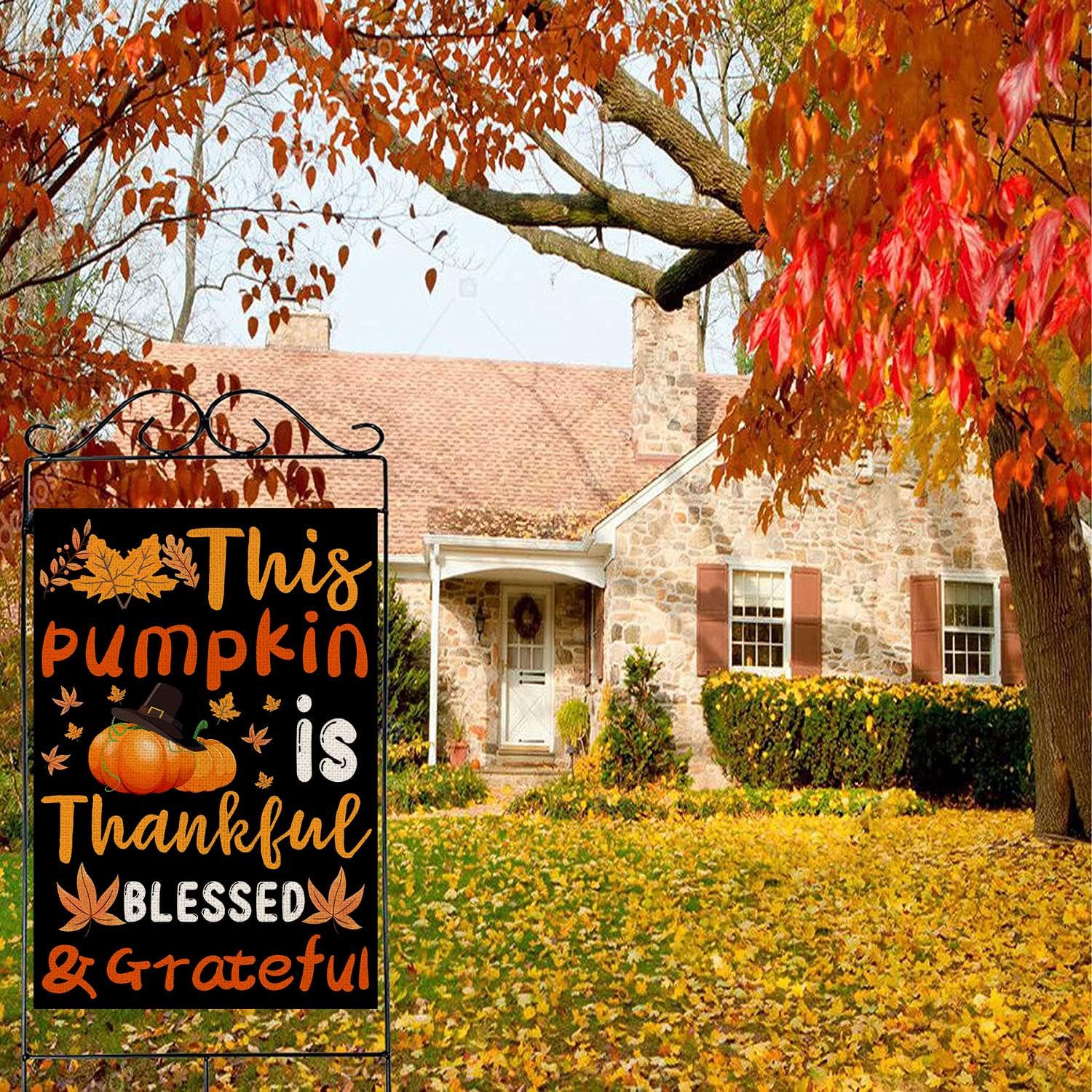 Fall House Flag This Pumpkin is Thankful Blessed & Grateful Welcome Flags Double Sided Vertical Burlap Yard Outdoor Autumn Thanksgiving Decor 28x40 Inch