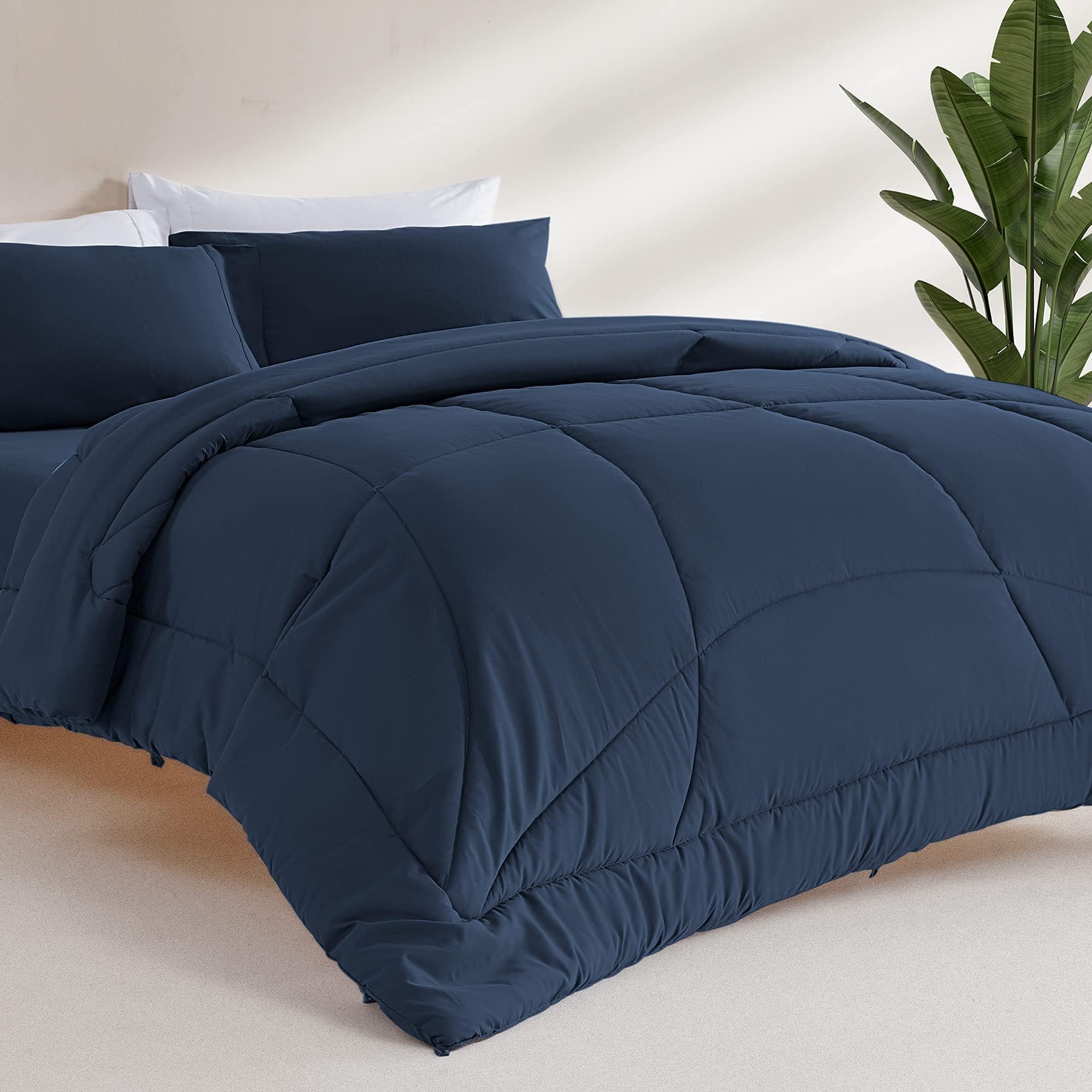 SLEEP ZONE Full Size Bedding Comforter - All Season Quilted Bedding Comforter with 8 Corner Tabs - Lightweight Reversible Machine Washable (Full, Navy)