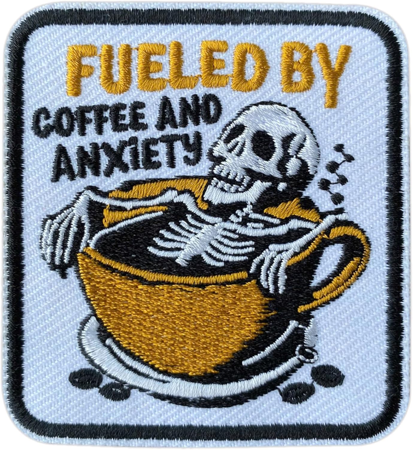 Fueled by Coffee and Anxiety Hook and Loop Patch for Backpacks Hats Vest Dog Harness Bags, Size 3" Sewing Patches, Skeleton Tactical Appliques for Clothes, Embroidery Patch, Coffee Lover Gifts