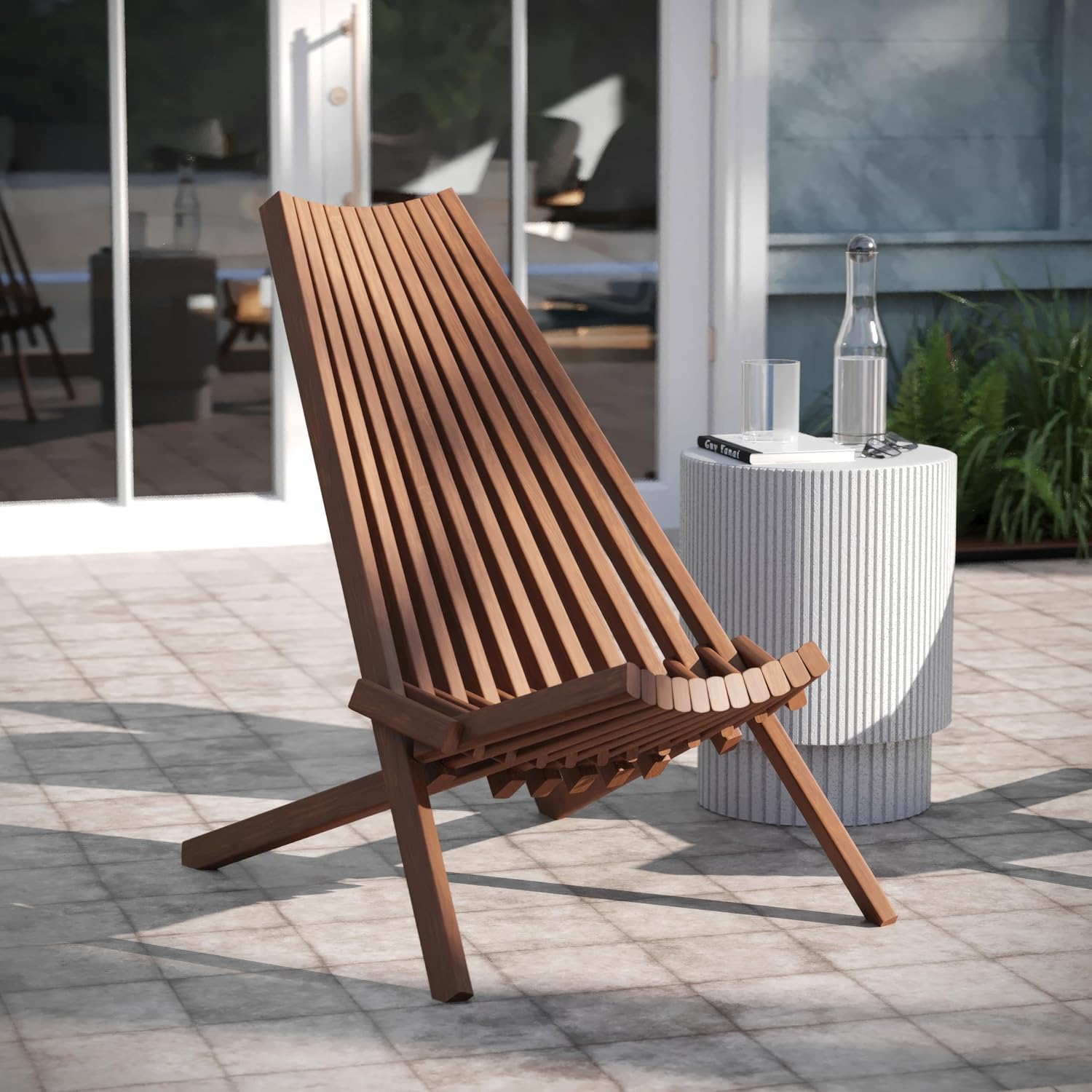 EMMA + OLIVER Durham Folding Chair for Indoor/Outdoor Use, Weather-Resistant Acacia Wood Construction, Low Profile Lounge Chair, Perfect for Sunroom/Patio, Brown