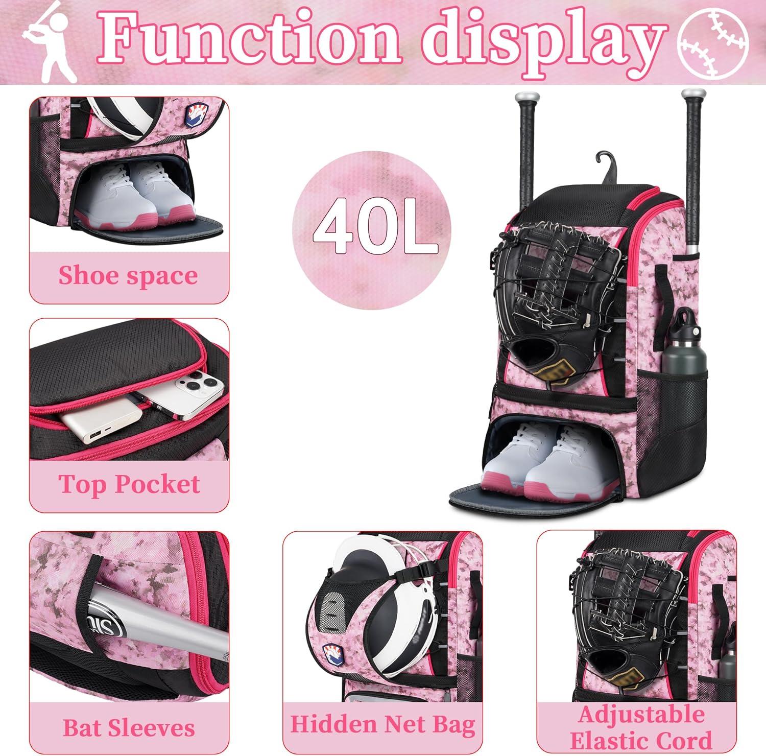 VBK Softball Bag for Girls,Kids Baseball Bag,Baseball Backpack for Boys,Tball Bag,Softball Equipment with Shoes and Ball Compartment