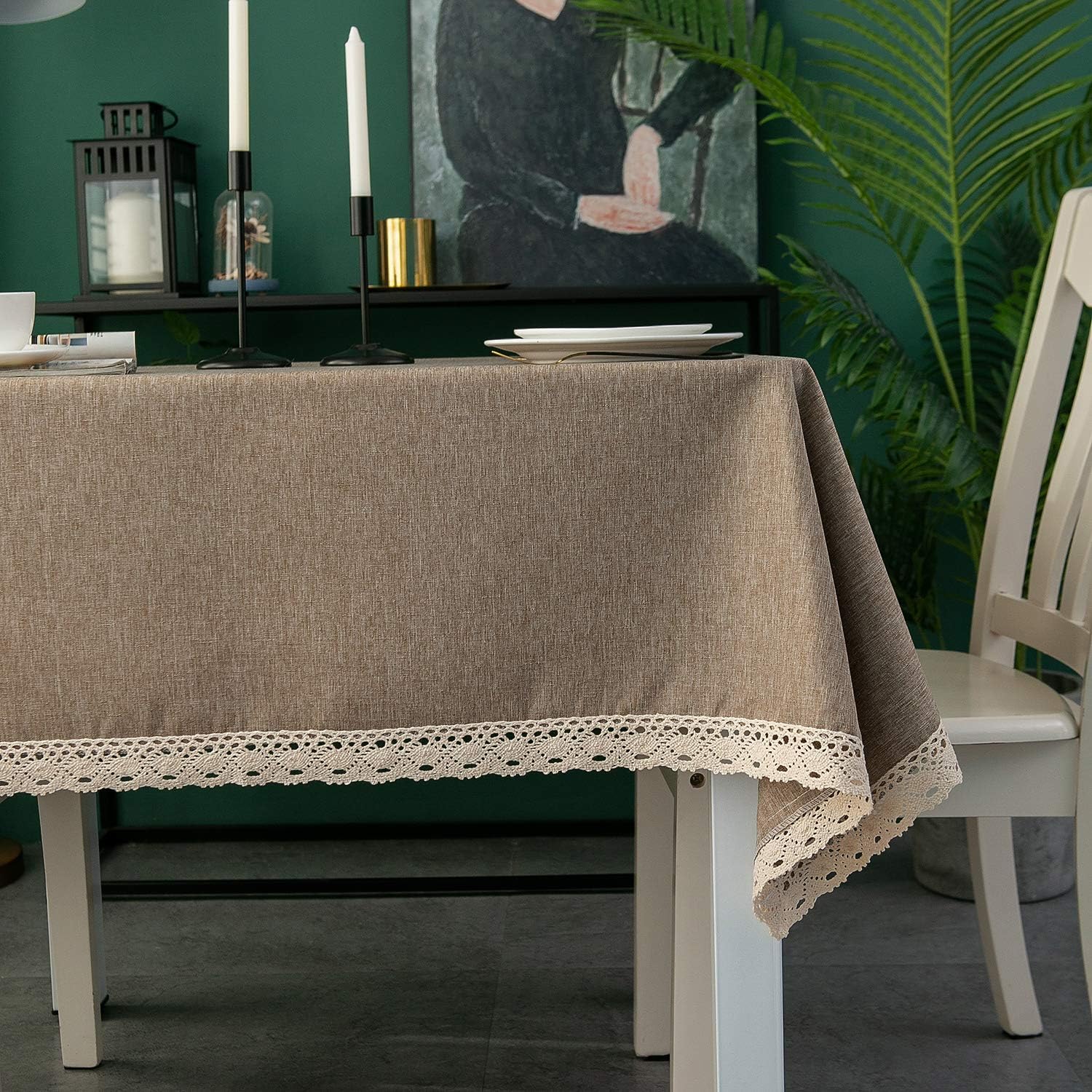 EHouseHome Faux Linen Tablecloth with Lace Trim - Waterproof/Spill Proof/Stain Resistant/Wrinkle Free/Oil Proof - for Banquet, Parties, Dinner,Kitchen,Wedding,Coffee,Holiday,Flax,Square 70X70Inch