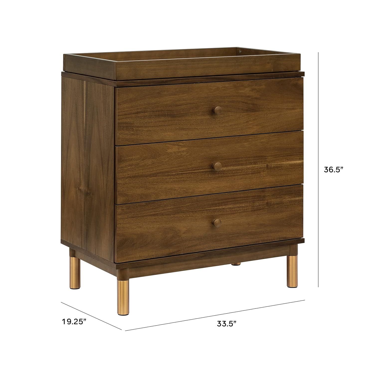 Babyletto Gelato 3-Drawer Changer Dresser with Over 10-Inch Drawer Depth and a Removable Changing Tray in Natural Walnut and Brushed Gold Feet, Greenguard Gold Certified