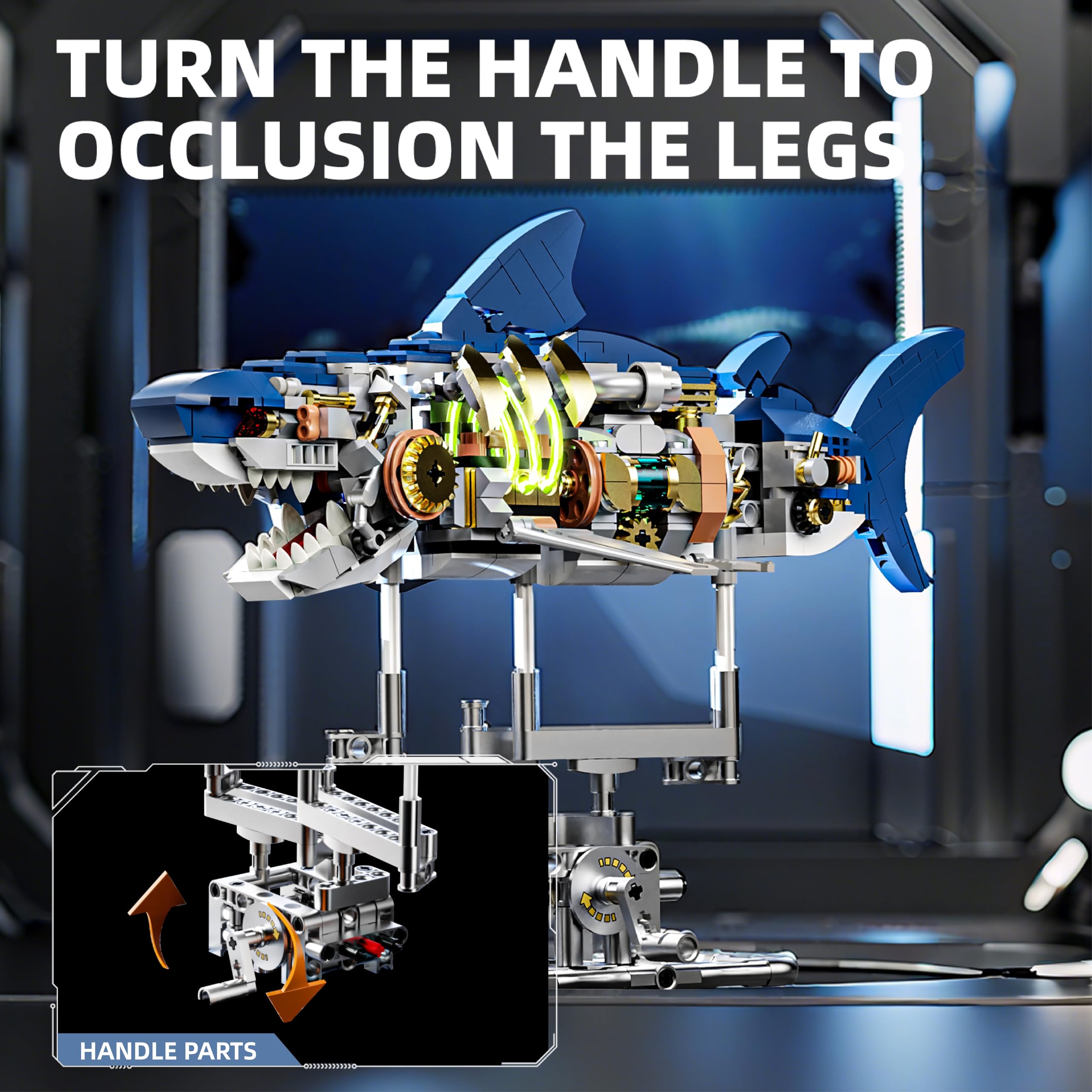 687-PCS Mechanical Shark Building Set with LED Light, Movable Linkage Gears, Display Stand - Ocean Building Block Toy for Adults, Teens, Kids Age 12+