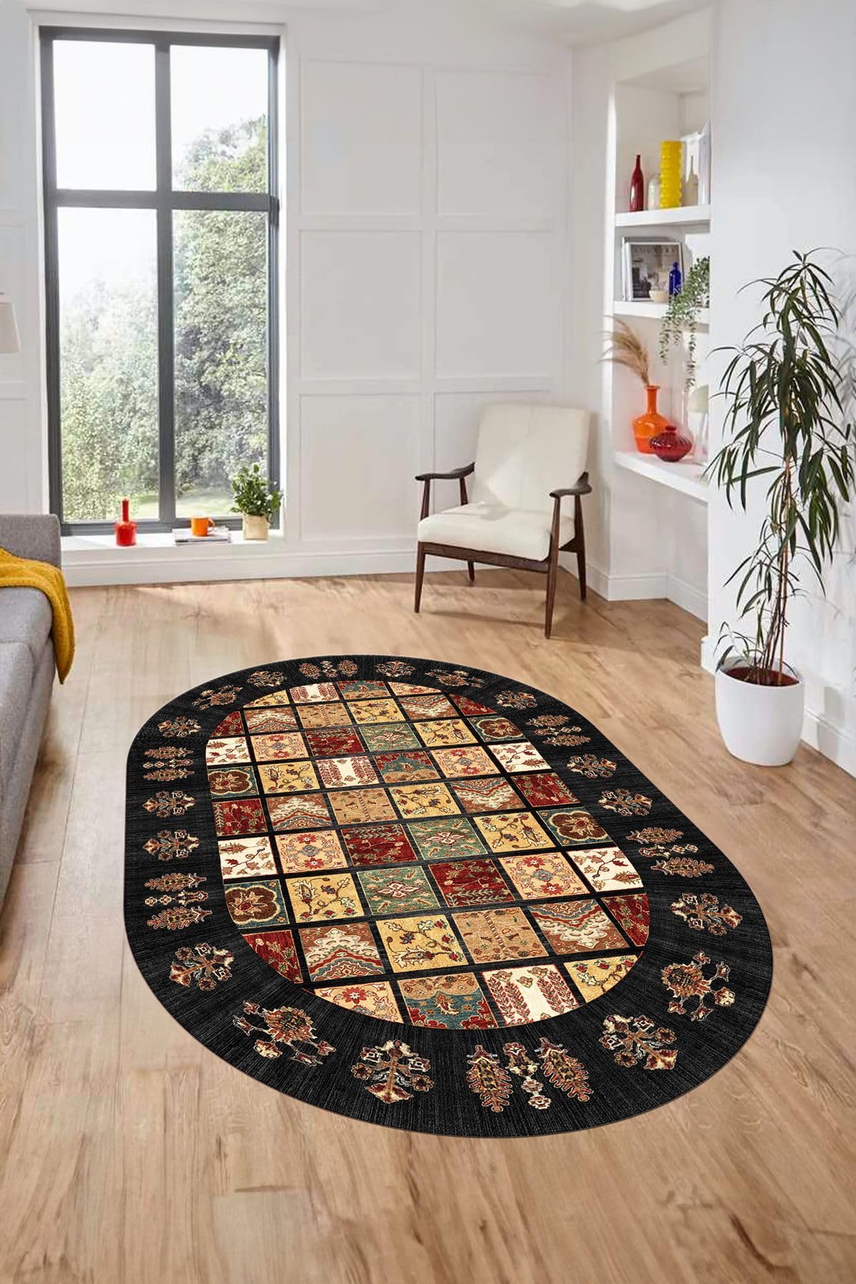 Evdeya Yeni Etnik Desen Kaymaz Taban Yıkanabilir Oval Yolluk Mutfak Salon Koridor Halısı O-ETNİK-18, Antrasit, 160 x 250