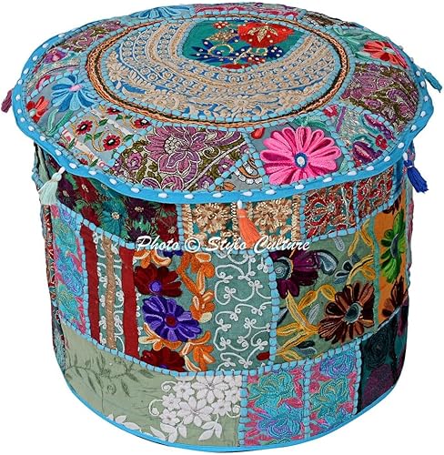 Funda de puf otomana bordada de retazos de algodón turquesa floral decoración del hogar tradicional puf de asiento para sala de estar