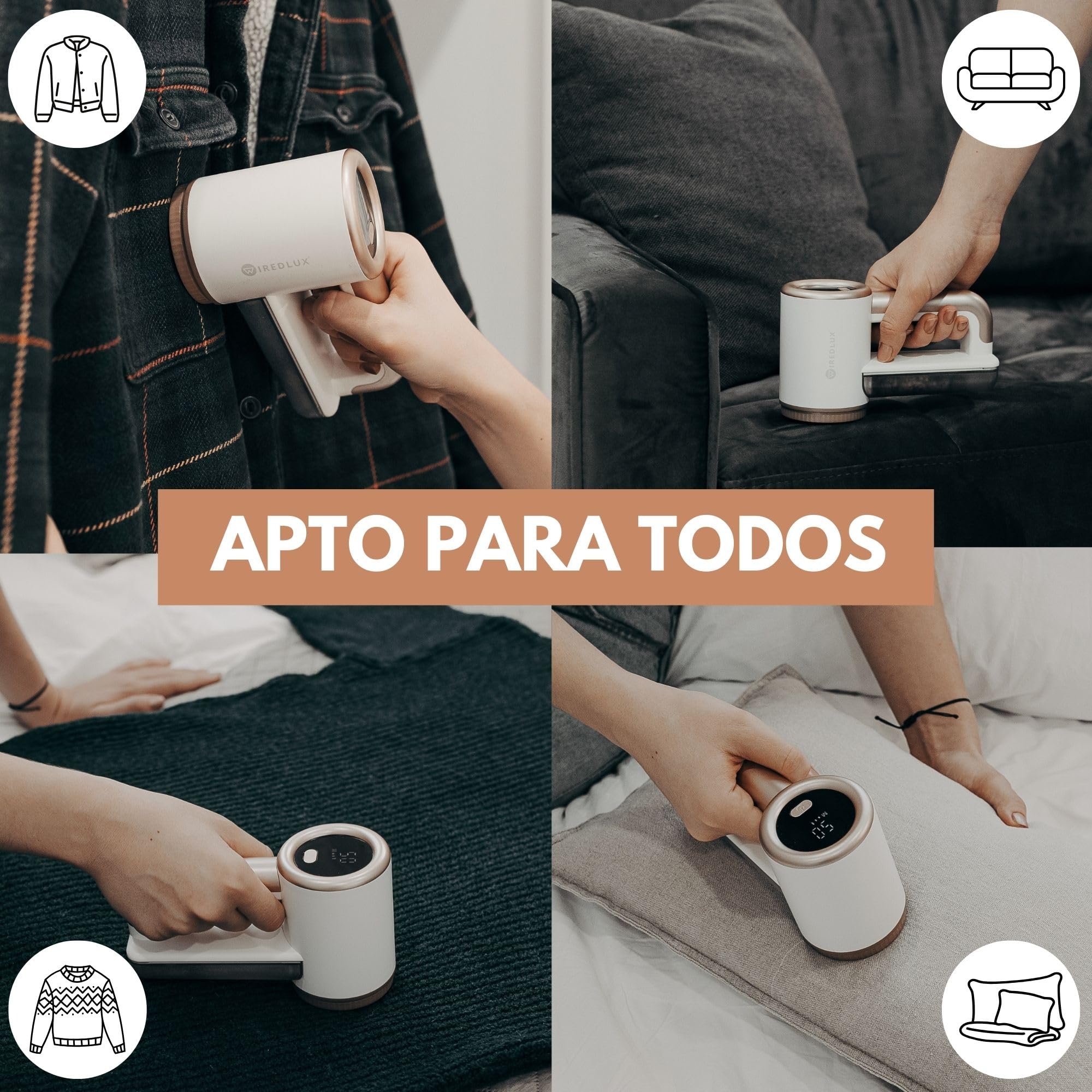 Quitapelusas Eléctrico WiredLux - Quitapelusas Recargable para Ropa y Muebles - 3 Velocidades, Cuchilla de 6 Hojas, Carga por USB - Quita Bolitas de Pelusa con Doble Protección (Blanco)