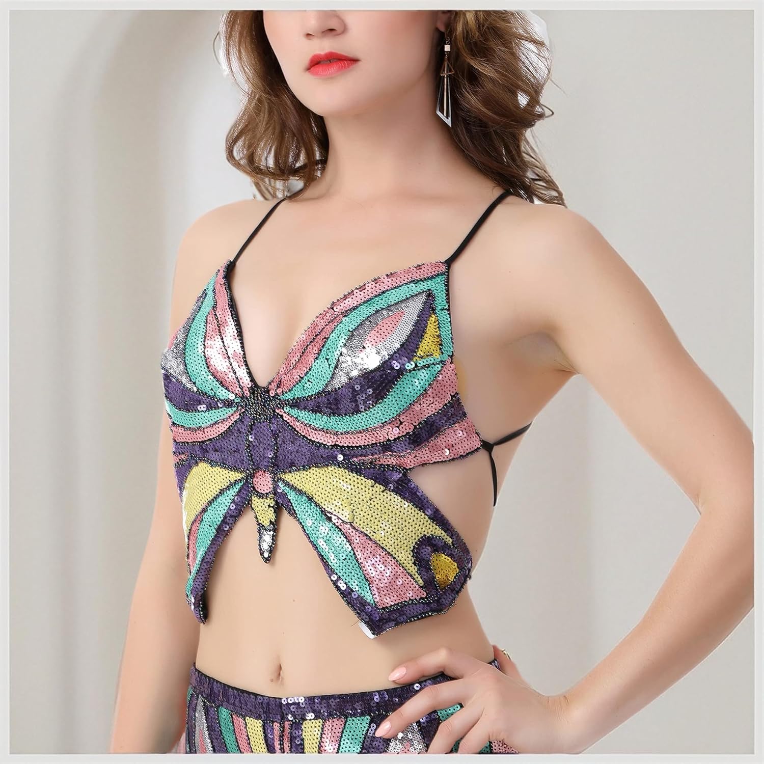 Women’s Sexy Butterfly Shape Sequin Crop Top Bandage Lace up Tank Top Belly Dance Top Costume Outfits - Image 7