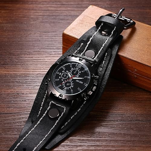 Miniatura 6 de Lancardo Reloj de cuero steampunk para hombre esfera negra correa de cuero multicapa brazalete ancho reloj de cuarzo analógico de tres ojos