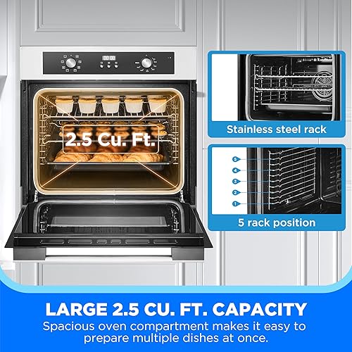 Miniatura 7 de Midea Horno de pared individual mecánico de 24 pulgadas, capacidad de 2.5 pies cúbicos, horno integrado con modos de cocción 8 en 1, acero inoxidable