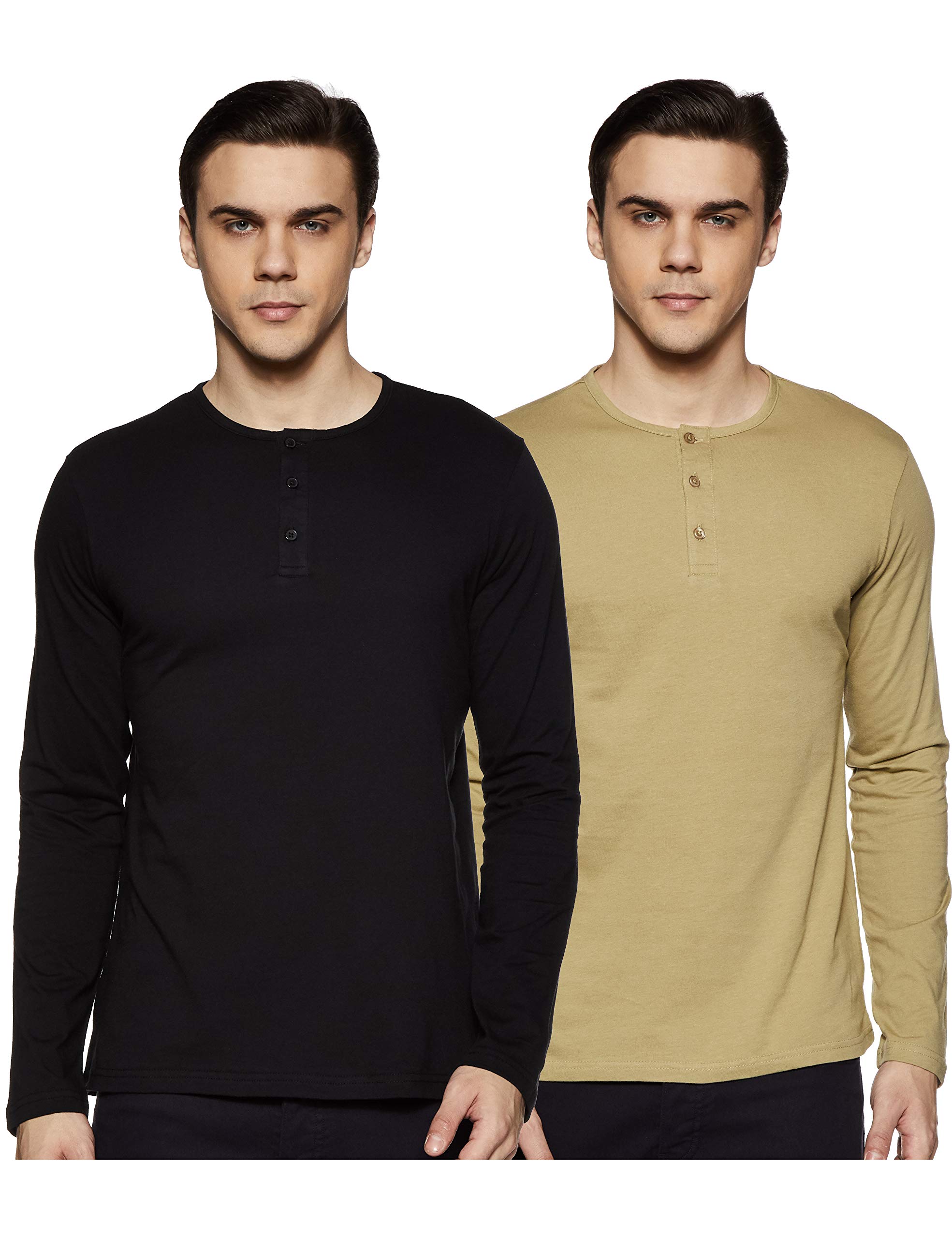 Amazon Brand - SymbolMen's Solid Regular Fit Full Sleeve T-Shirt (Combo Pack of 2) (SS19TSHNPO2-8_Black + Sand Boa_Large)