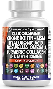 Clean Nutraceuticals Glucosamine Chondroitin MSM 1500mg with Turmeric Curcumin, Collagen, Hyaluronic Acid, Omega 3 – Joint Health Supplement for Men & Women – Joint Complex – 120 Count