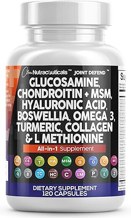 Clean Nutraceuticals Glucosamine Chondroitin MSM 1500mg with Turmeric Curcumin, Collagen, Hyaluronic Acid, Omega 3 – Joint Health Supplement for Men & Women – Joint Complex – 120 Count