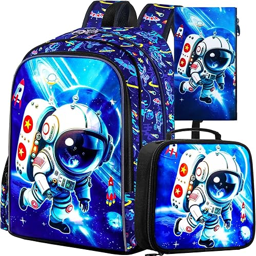 KLFVB Mochila de dinosaurio de 3 piezas para niños, bolsa de libros y lonchera de 16 pulgadas, mochilas preescolares para estudiantes de primaria