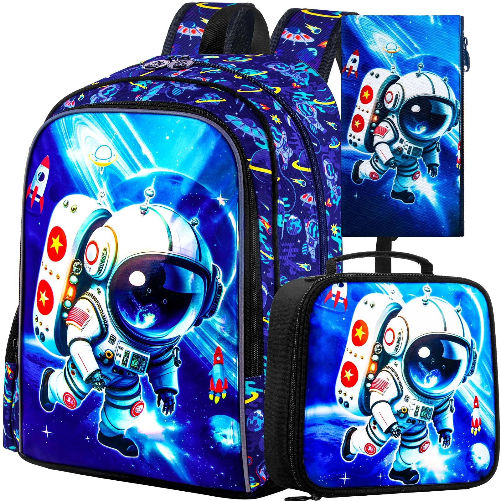 KLFVB 3PCS Boys School Bag Backpack, 16'' Astronaut Kids Bookbag and Lunch Box, Water Resistant Preschool Backpacks for Elementary Students, Upgraded Uv Printing Astronaut Backpack Set, One Size
