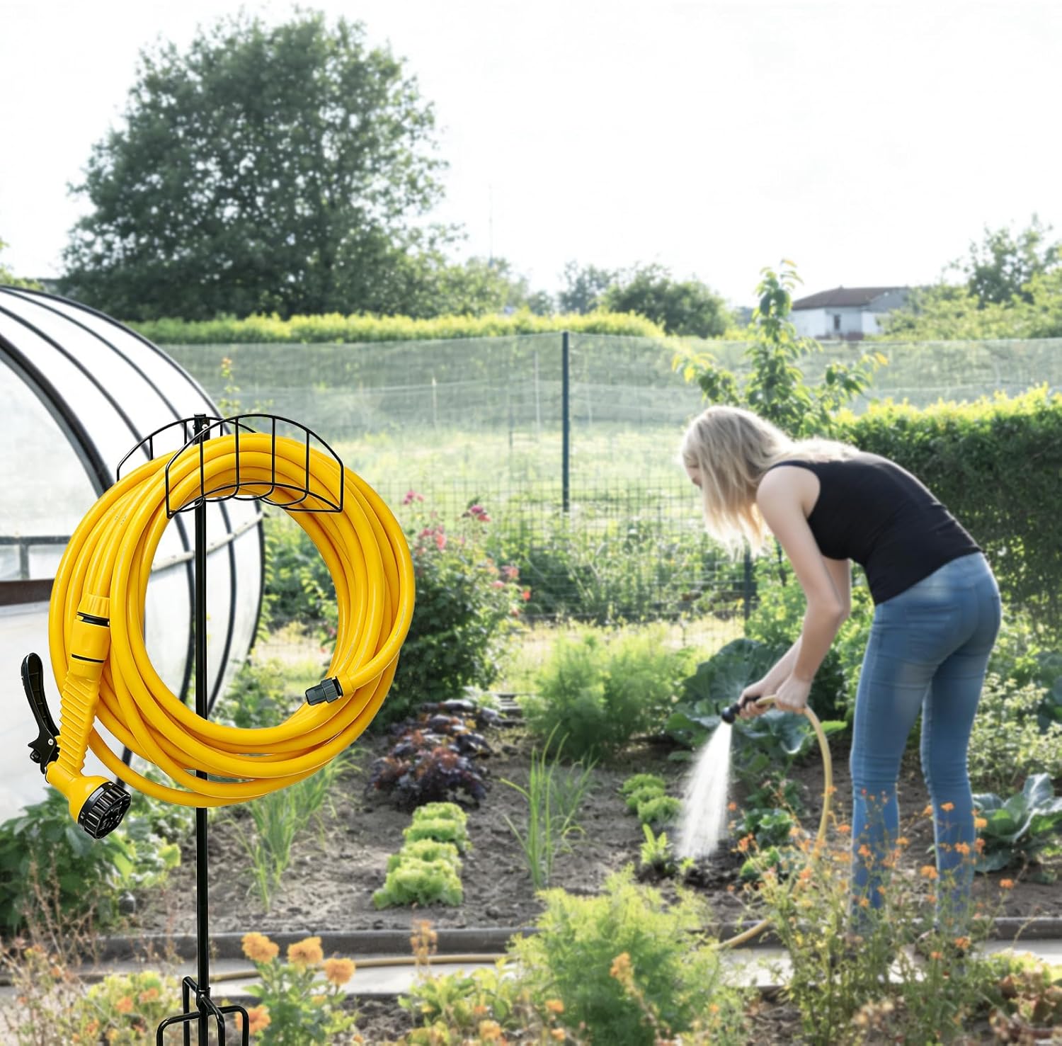 2-Pack Freestanding Garden Hose Holder with Upgraded 5-Prong Base - Water Hose Holders for 150 Feet Hose, Detachable Hose Storage Hanger for Outside Lawn Yard