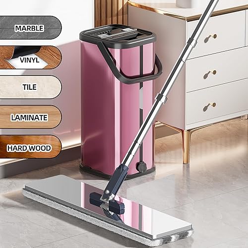 Miniatura 6 de Trapeador y cubo de acero inoxidable con escurridor para el hogar, trapeador plano manos libres con 4 cabezales de mopa de microfibra lavables y