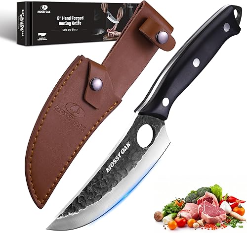 Miniatura 10 de Mossy Oak Cuchillo para carne, cuchillo de carnicero con funda de cuero auténtico, cuchillo de cocina forjado a mano, mango completo para cortar