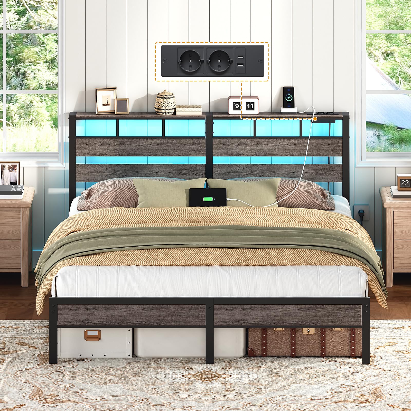 HOOBRO Cama 180 x 200 cm, Estructura Metálica con Ilminación LED, Enchufes y Espacio de Almacenaje, Cama Matrimonio con Cabecero, para Dormitorio, Color Negro Carbón EBC80CDBF01