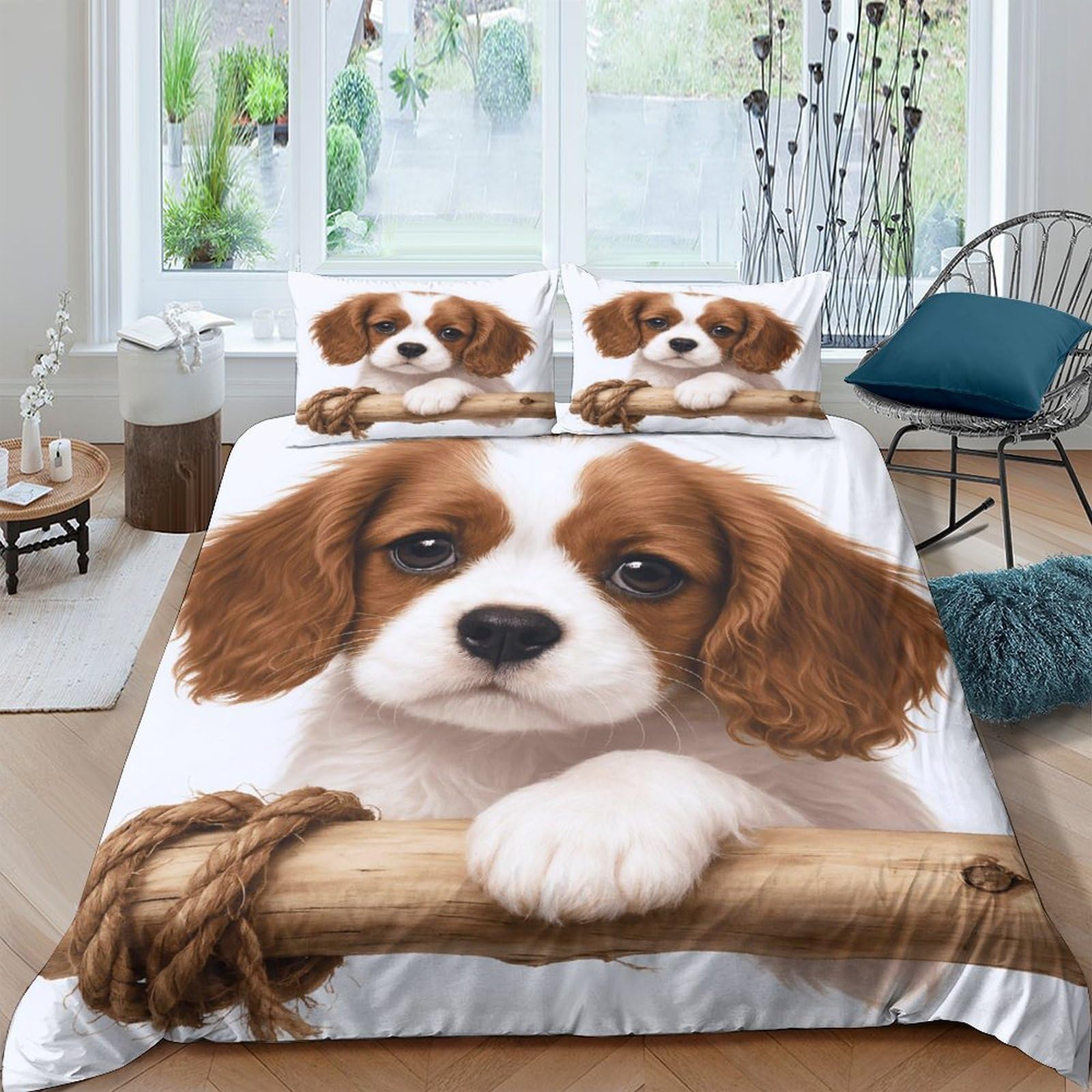 TUFRTGYHN 3D Printed Puppy Dog Duvet Cover Microfiber Soft Breathable Animal Bedding Set with 2 Pillowcases for Bedroom Decor Single（135x200cm）