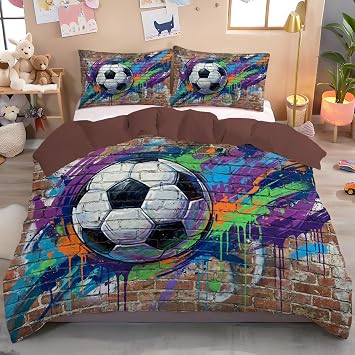 Single Duvet Cover Sets - Football Brick Wall Bedding Set with Pillowcases, Ultrasoft Street Graffiti Style Non Iron Reversible Quilt Cover with Zipper Closure, Brick Red 135x200cm
