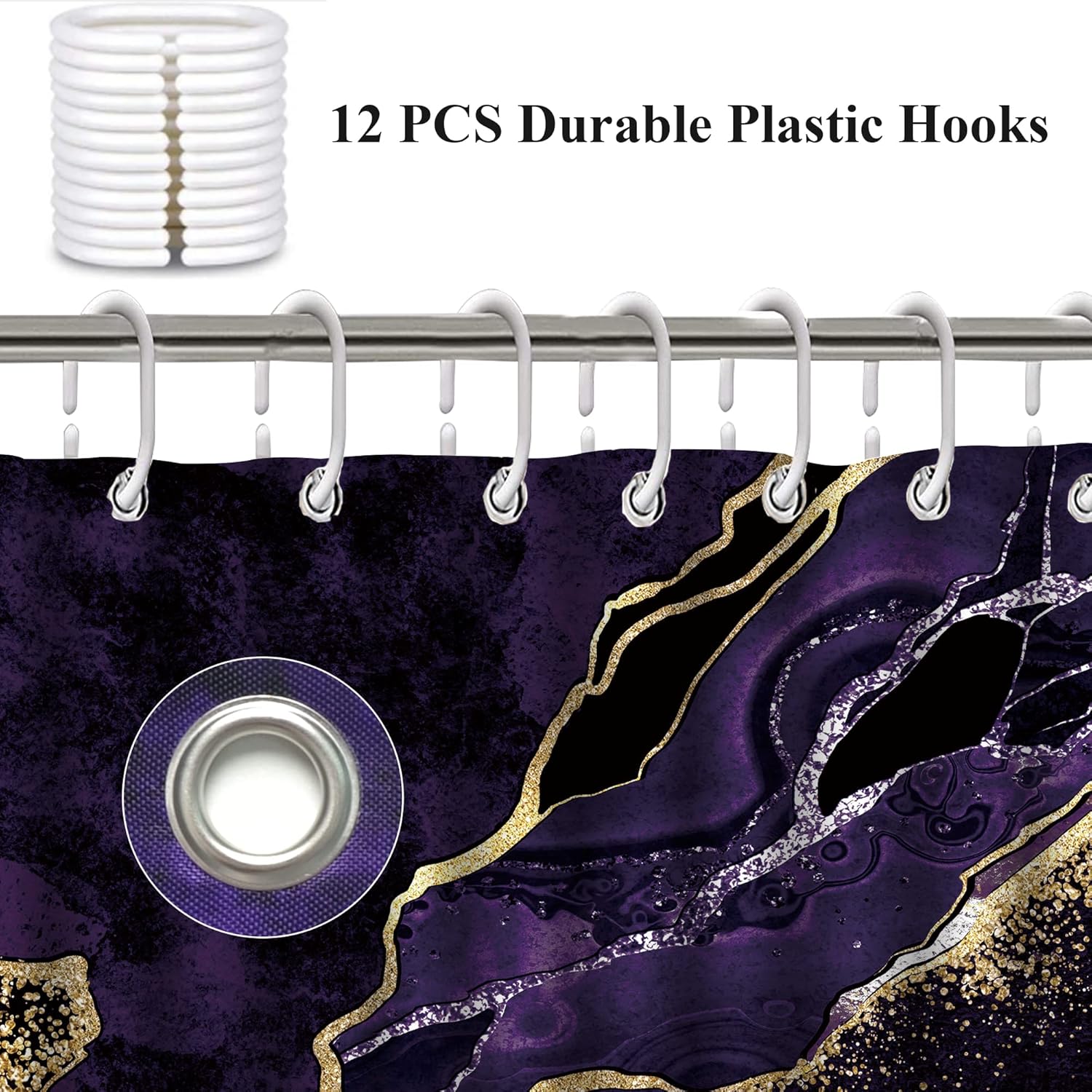 4 Pcs Purple Marble Shower Curtain Sets, Gold Cracked Lines Black Bathroom Decor, Rug Toilet Lid Cover and Non-Slip U Shape Mat, Abstract Modern Luxury Waterproof Shower Curtain with 12 Hooks, 72 x 72