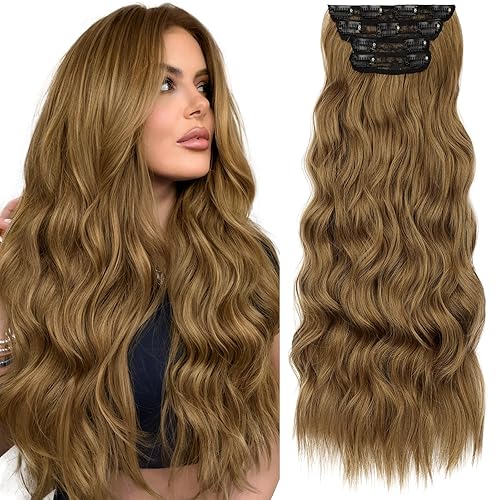 Miniatura 126 de KooKaStyle Extensiones de cabello rubio playa con clip, extensiones de cabello sintético largo ondulado y grueso, 4 piezas de 20 pulgadas para mujer