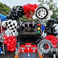Vista 6 de Globos de autos de carreras con bandera a cuadros y globos de neumáticos, globos de látex rojos, negros y blancos para decoración de fiesta temática